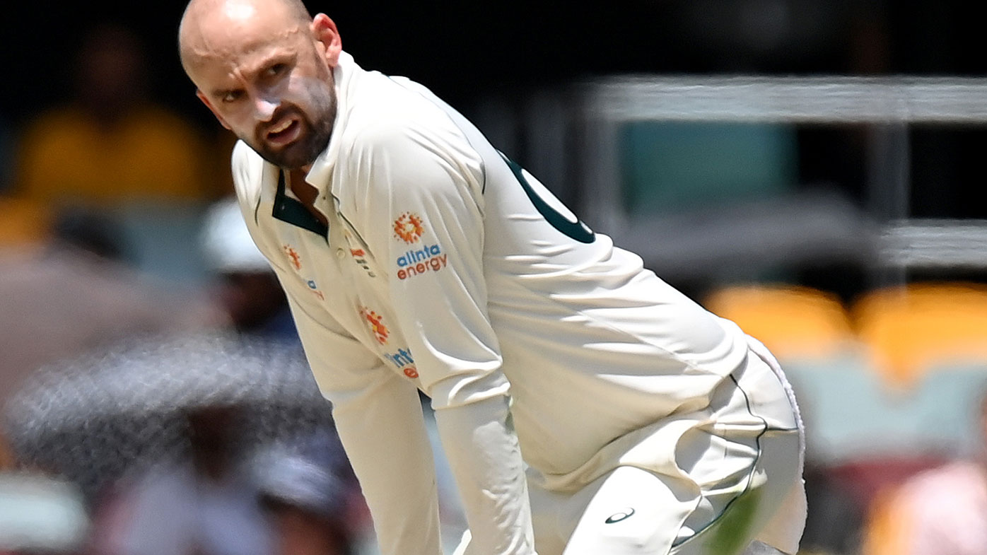 Nathan Lyon looks on in frustration on the final day in Brisbane.
