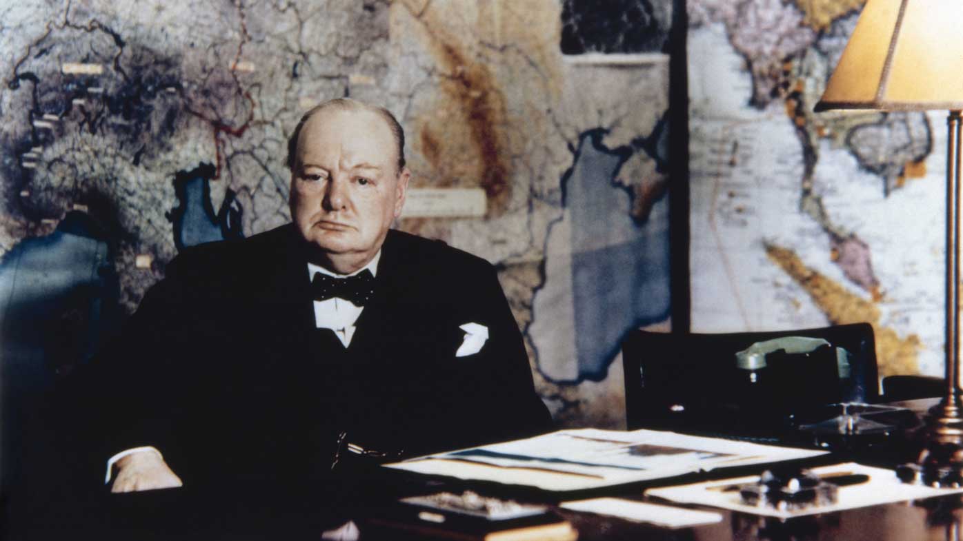 Winston Churchill in his map room in 1945. (AAP)
