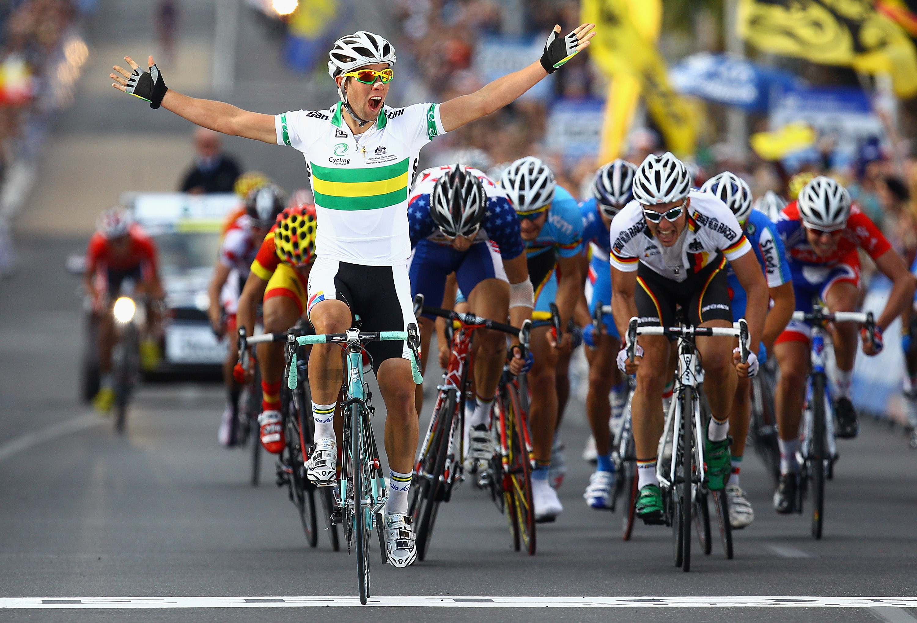 Michael Matthews of Australia celebrates winning the under-23 road race at the 2010 UCI Road World Championships in Geelong.