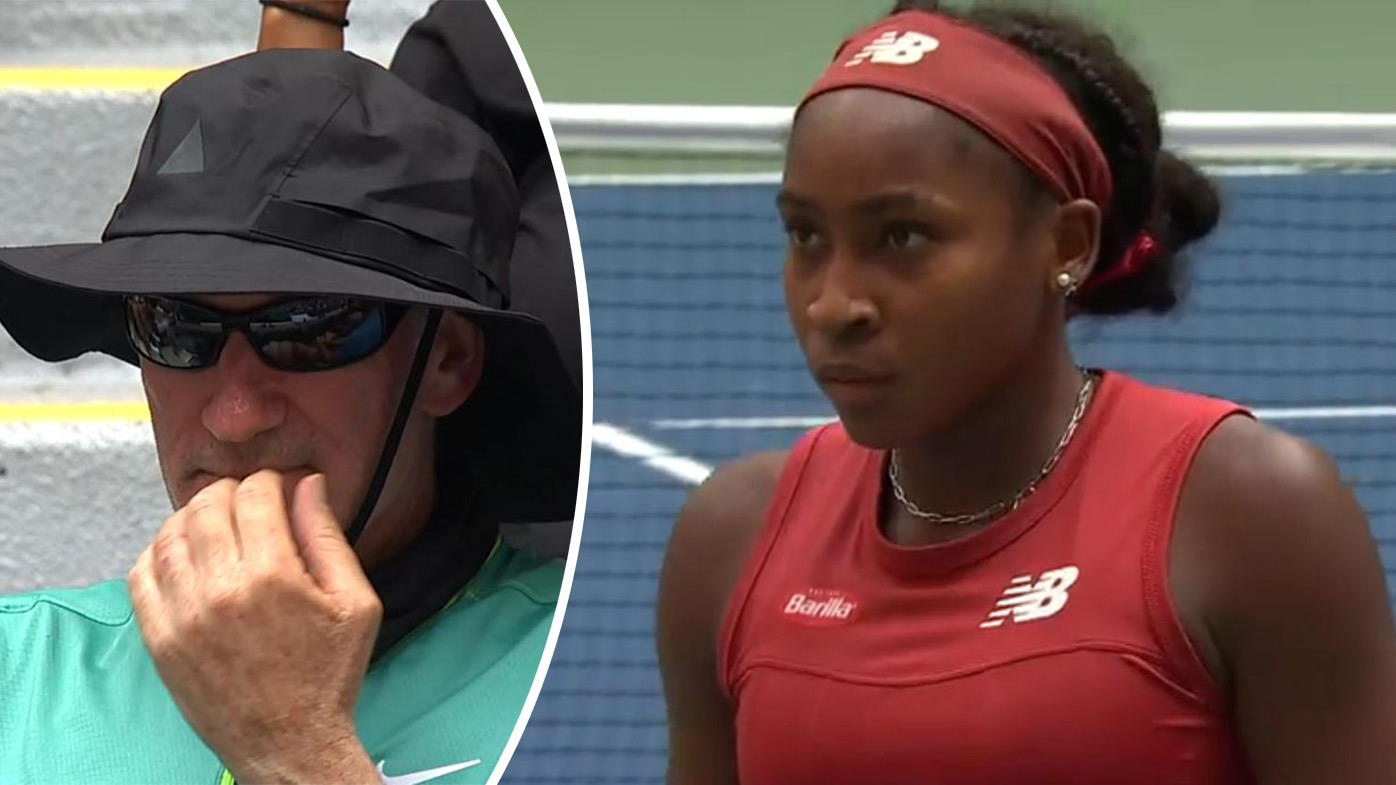 Coco Gauff glares at coach Brad Gilbert during her fourth round US Open clash against Caroline Wozniaki.