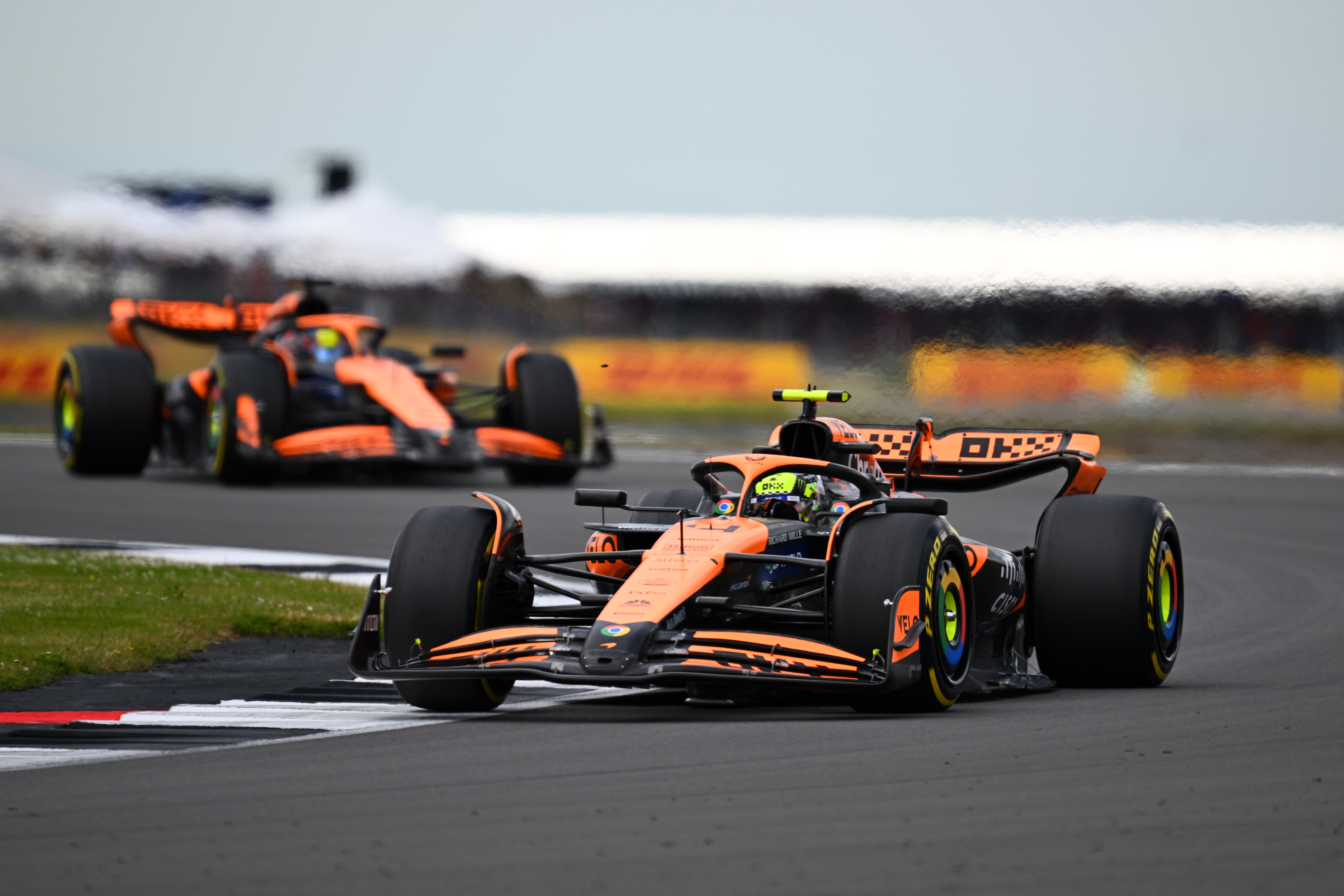 Lando Norris of Great Britain driving the (4) McLaren MCL38 Mercedes leads Oscar Piastri of Australia driving the (81) McLaren MCL38 Mercedes on track during the F1 Grand Prix of Great Britain at Silverstone Circuit on July 07, 2024 in Northampton, England. (Photo by James Sutton - Formula 1/Formula 1 via Getty Images)