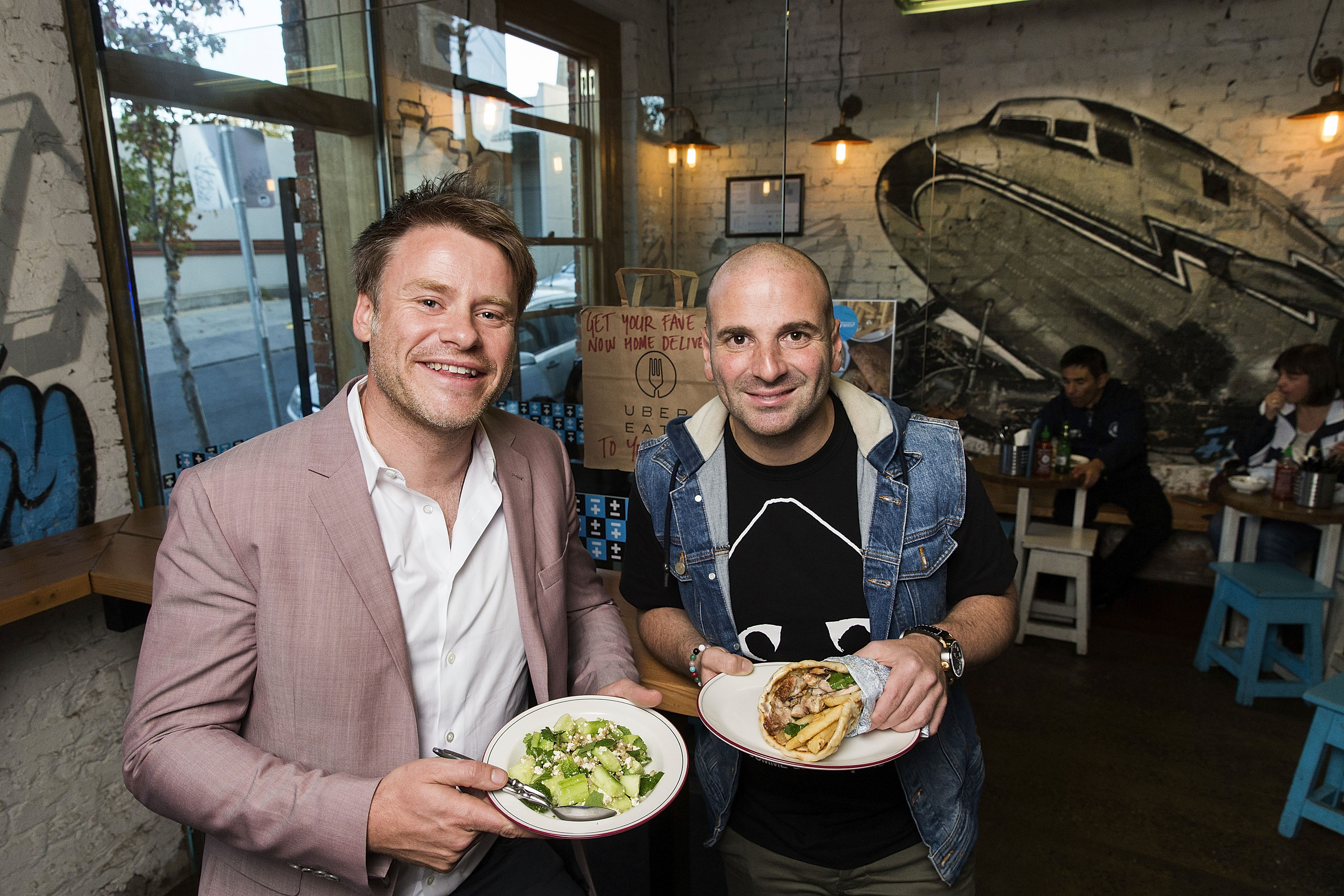 Radek Sali and George Calombaris pose for a photo at Jimmy Grant's in Fitzroy on May 15, 2016 in Melbourne, Australia