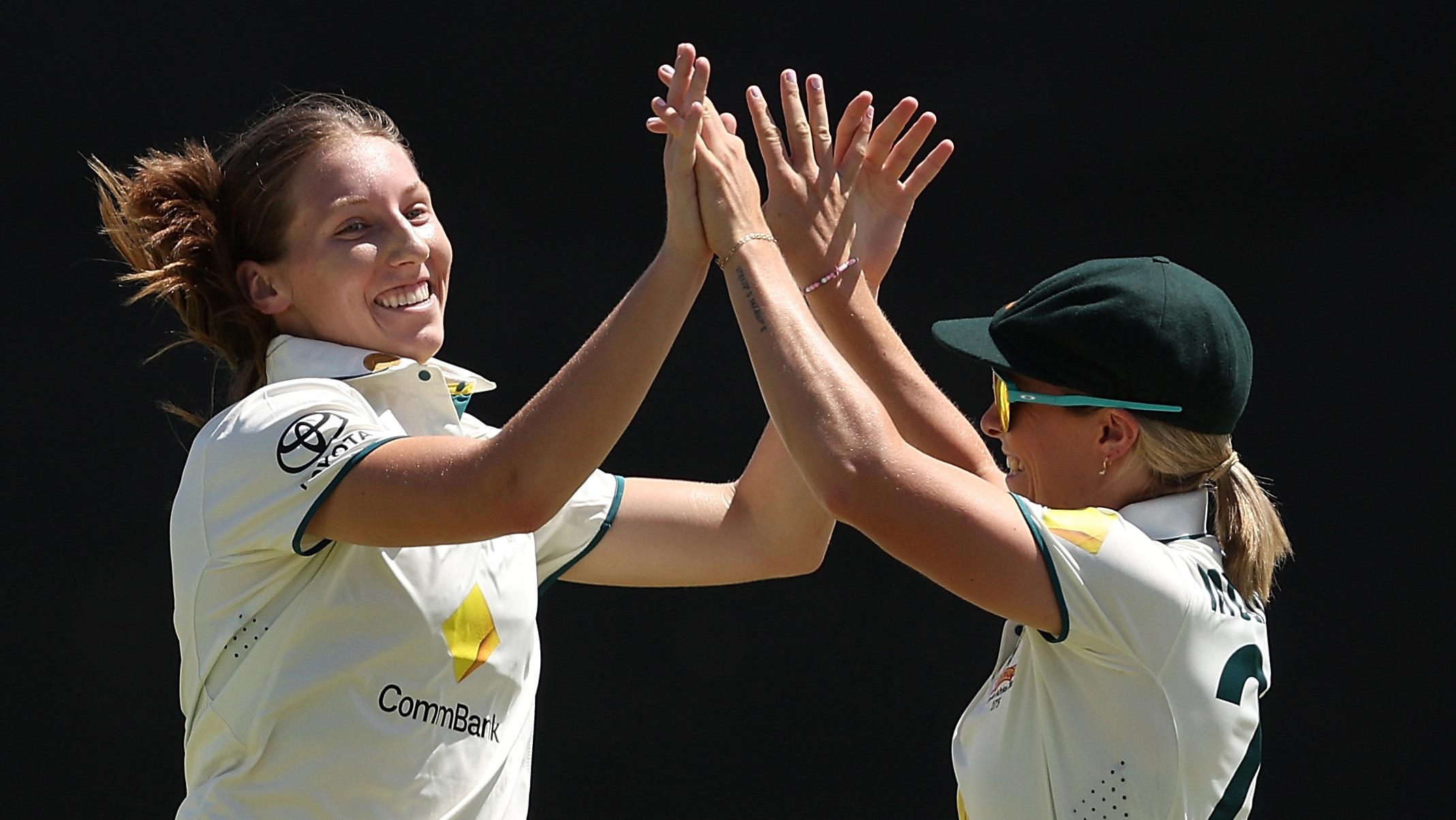 Darcie Brown of Australia celebrates the wicket of Anneke Bosch of South Africa during day one of the Women's Test Match between Australia and South Africa at the WACA.