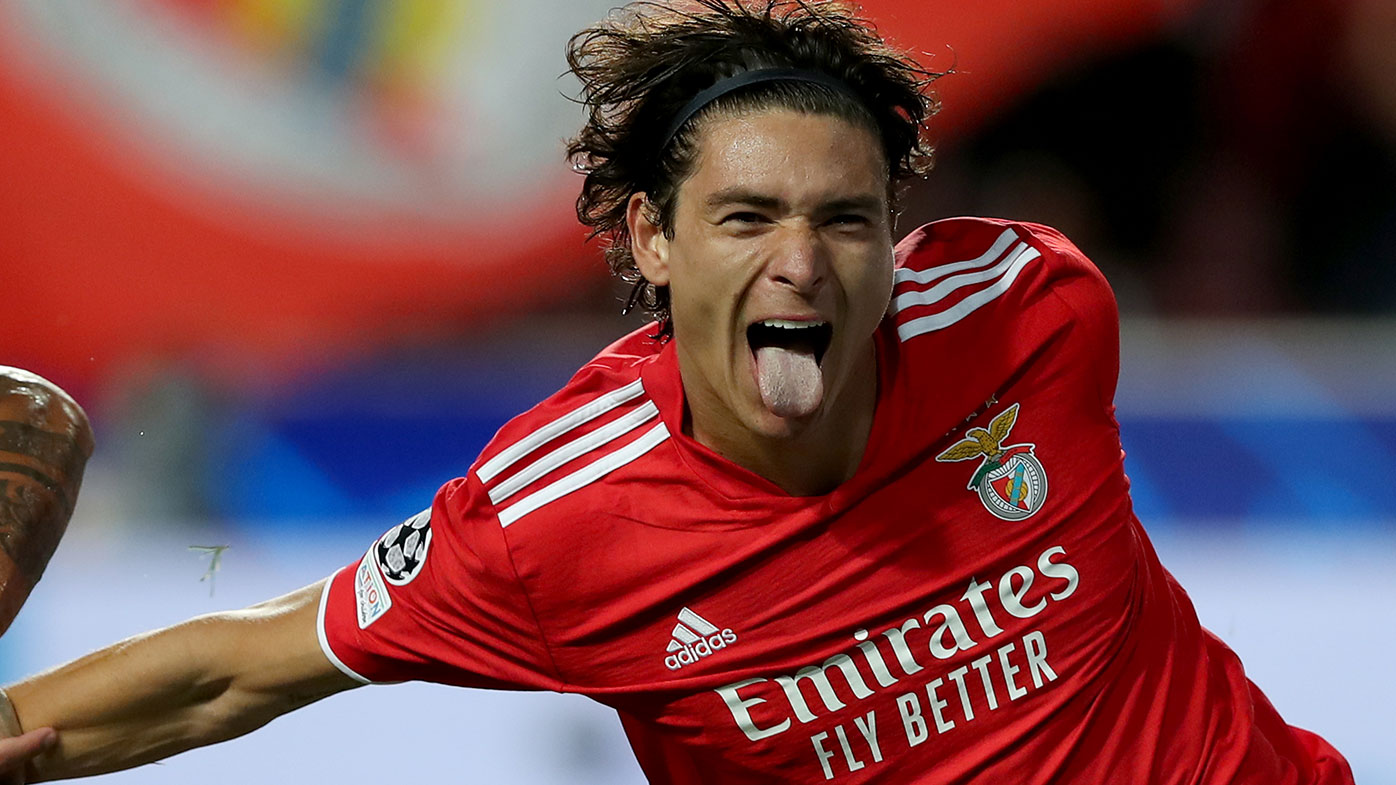 Darwin Nunez of SL Benfica celebrates after scoring his second goal during the UEFA Champions League group E football match between SL Benfica and Barcelona FC at the Luz stadium in Lisbon, Portugal on September 29, 2021. (Photo by Pedro Fiúza/NurPhoto via Getty Images)