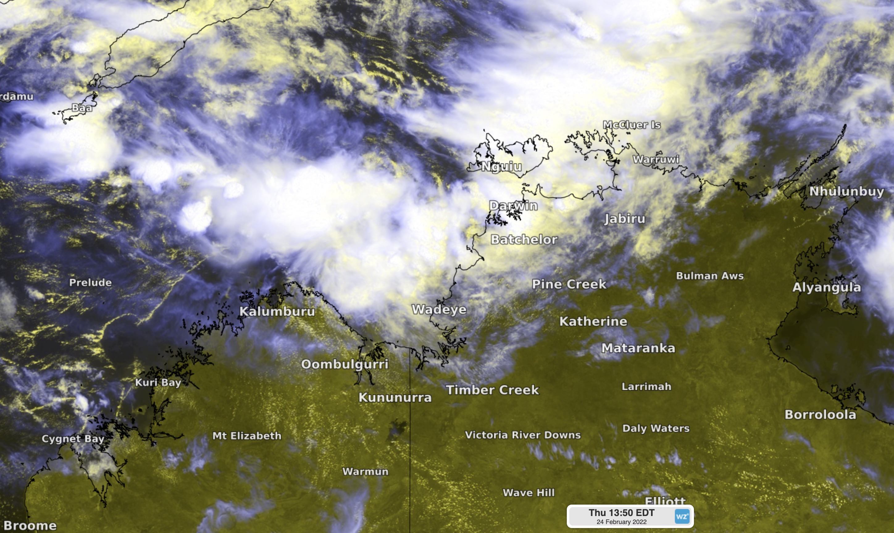 Enhanced visible/infrared satellite image showing cloud building around a developing tropical low to the west of Darwin on Thursday.