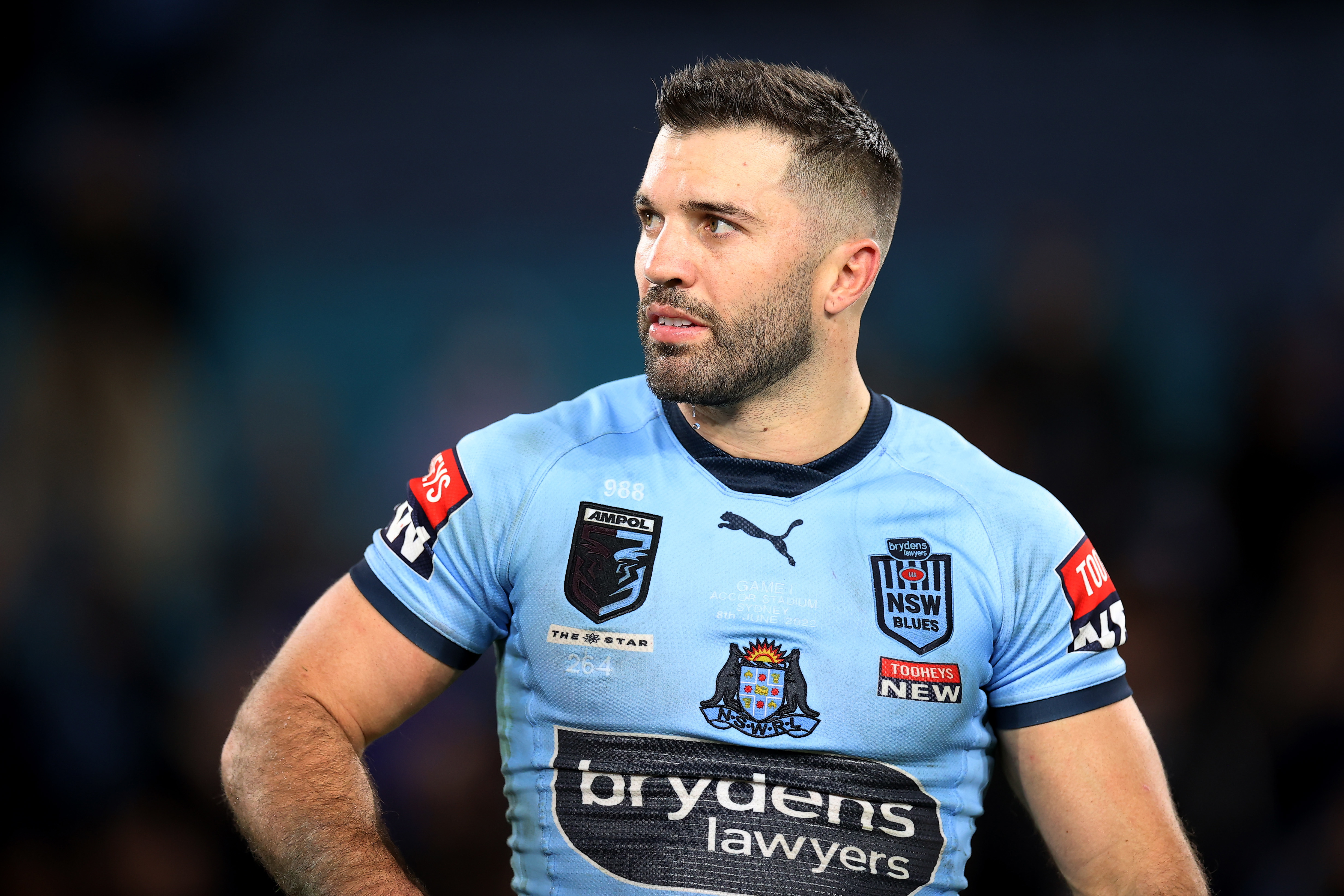 James Tedesco of the Blues looks dejected at full-time during game one of the 2022 State of Origin series between the New South Wales Blues and the Queensland Maroons at Accor Stadium on June 08, 2022, in Sydney, Australia. (Photo by Mark Kolbe/Getty Images)