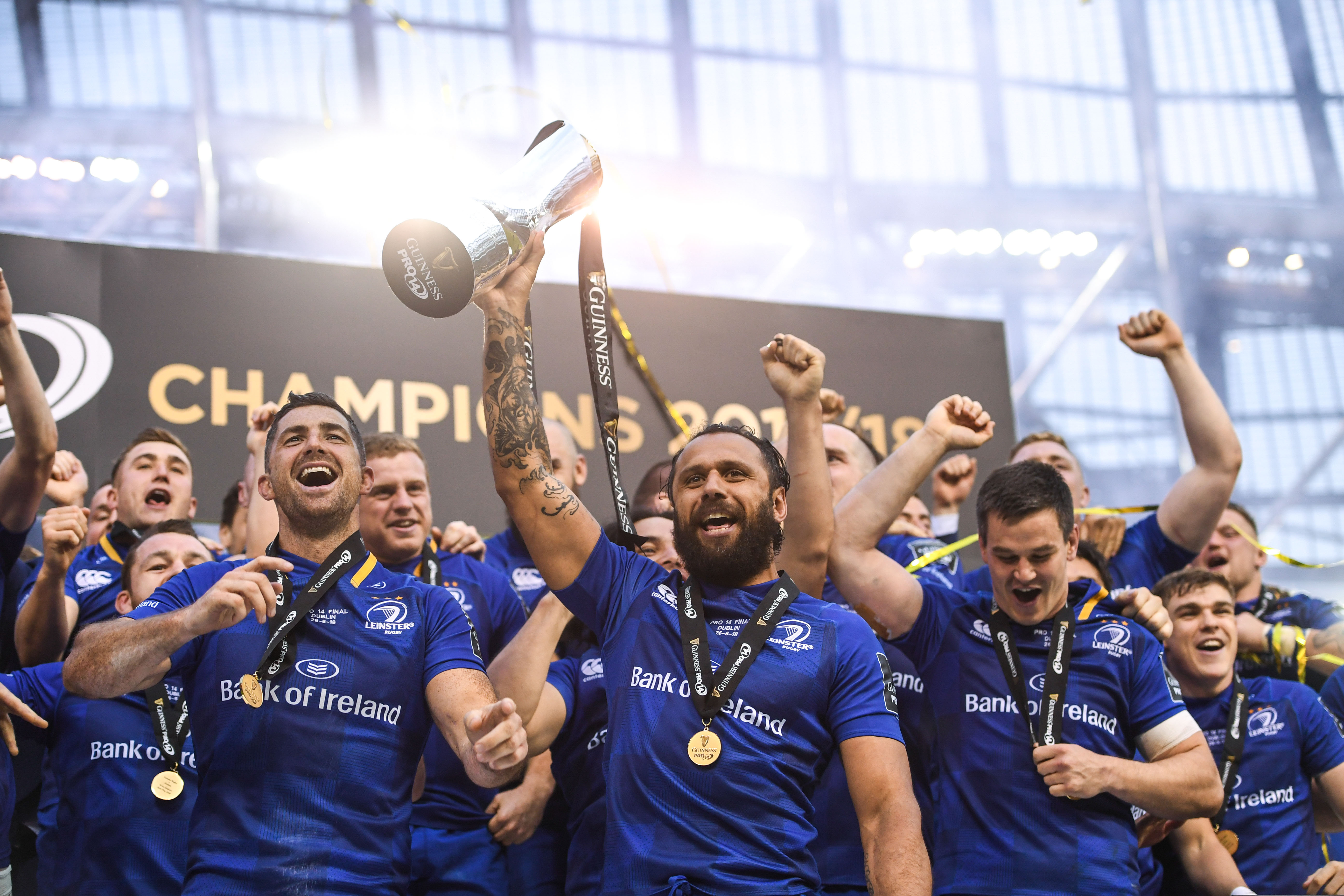 Isa Nacewa lifts the Pro 14 trophy for Leinster at the Aviva Stadium.