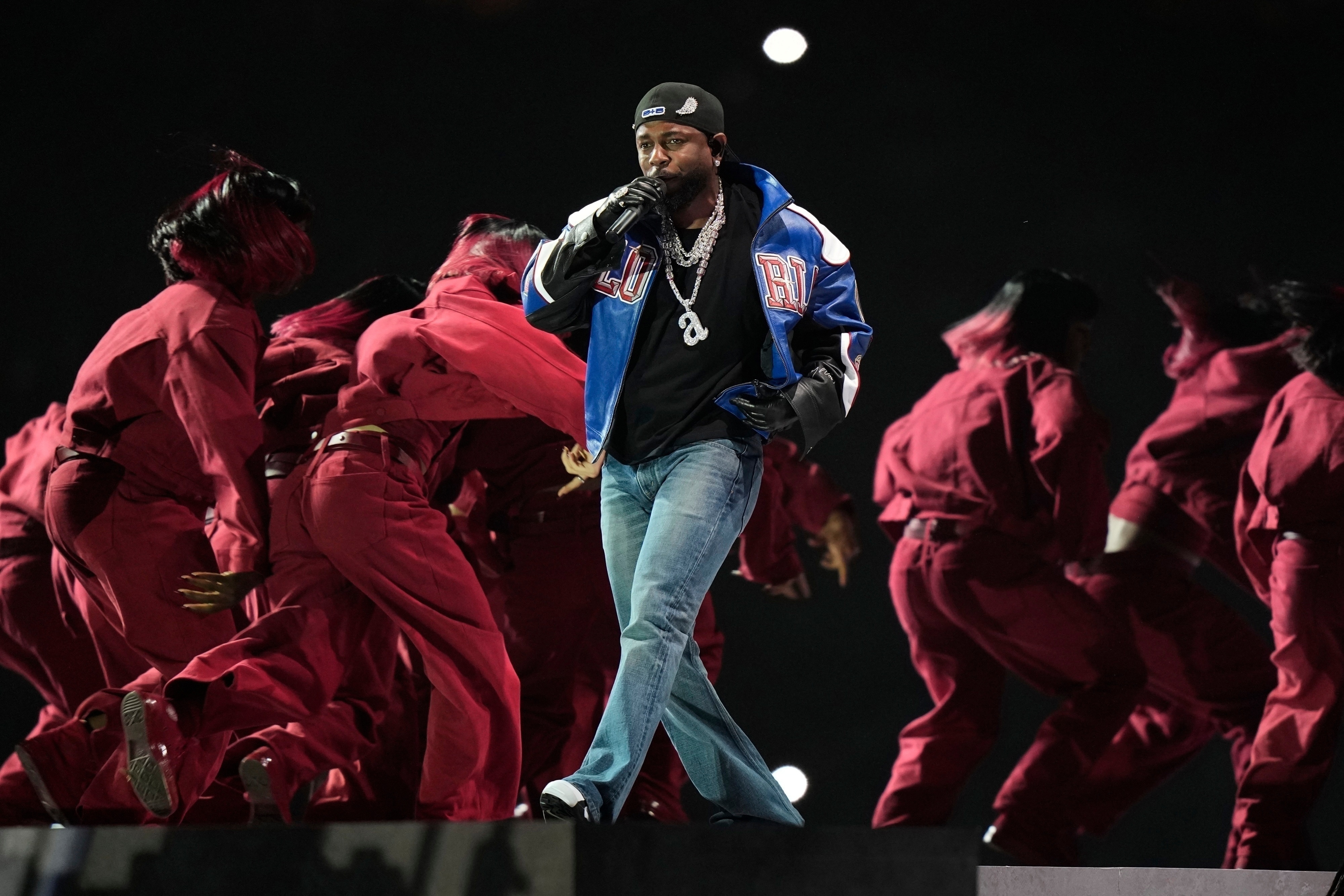Kendrick Lamar performs during halftime of the NFL Super Bowl 59 football game between the Kansas City Chiefs and the Philadelphia Eagles on Feb. 9, 2025, in New Orleans. 