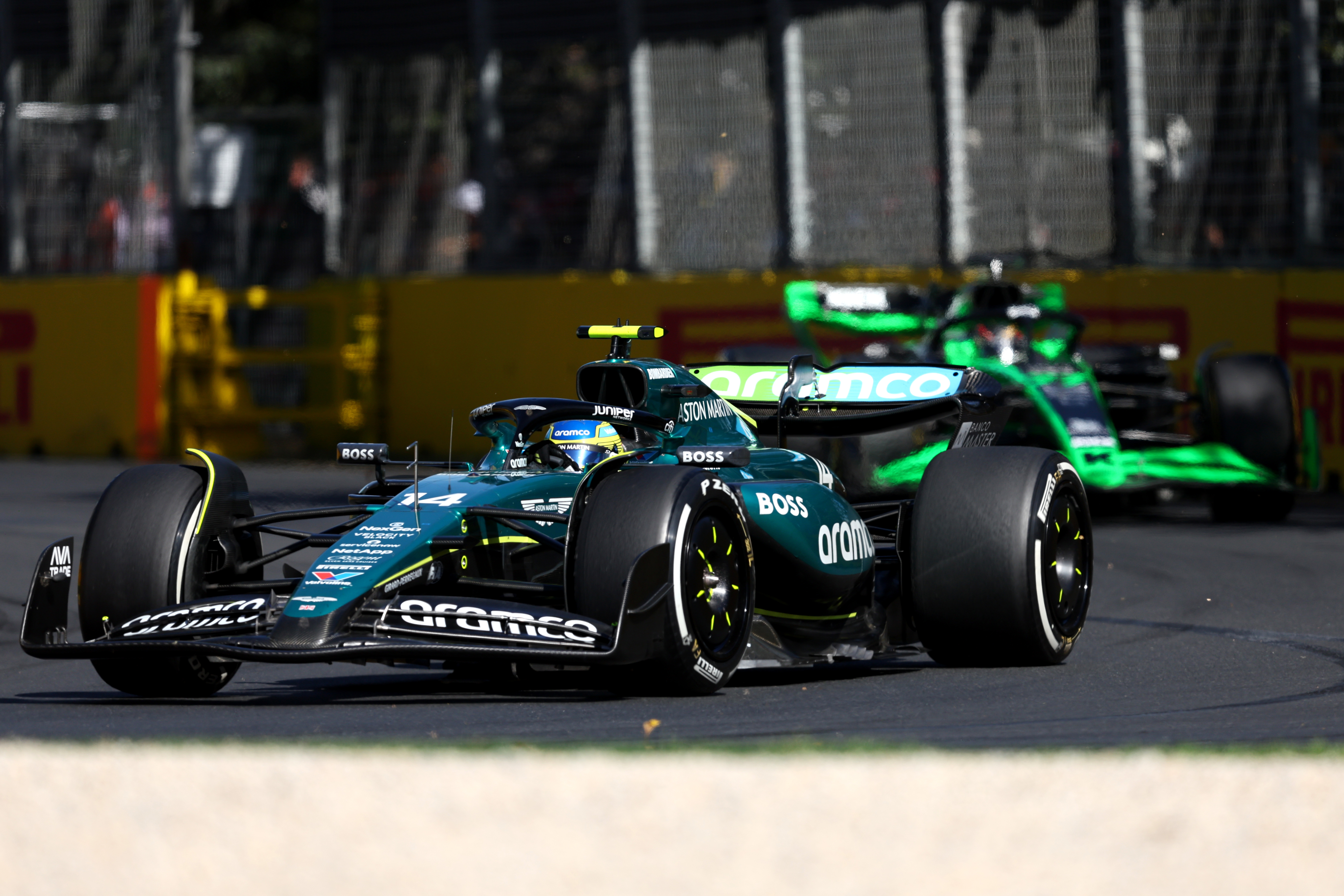 Fernando Alonso of Spain driving the Aston Martin AMR24 at turn six.