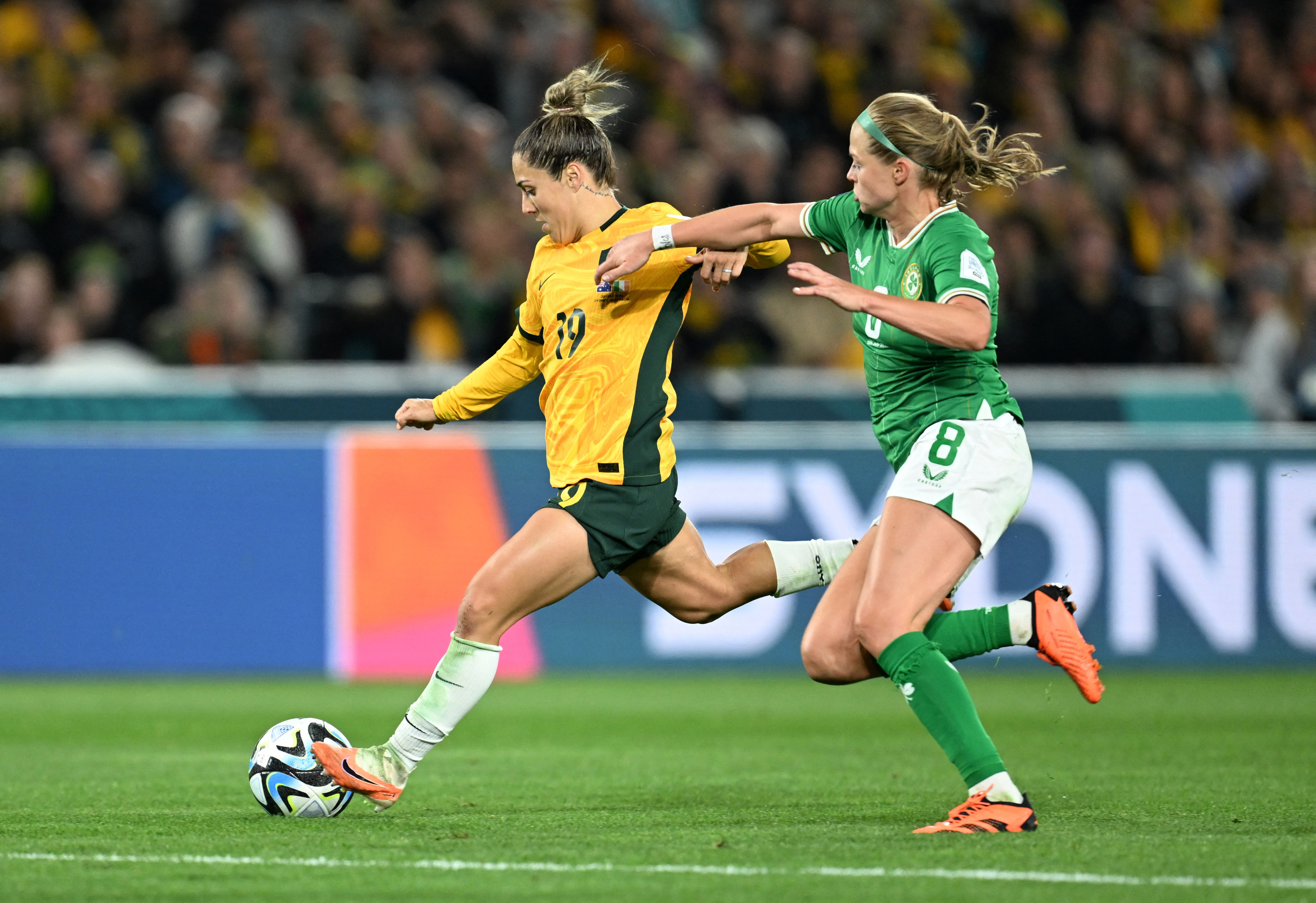 Republic of Ireland's Ruesha Littlejohn in action as Australia's Katrina Gorry shoots at goal 