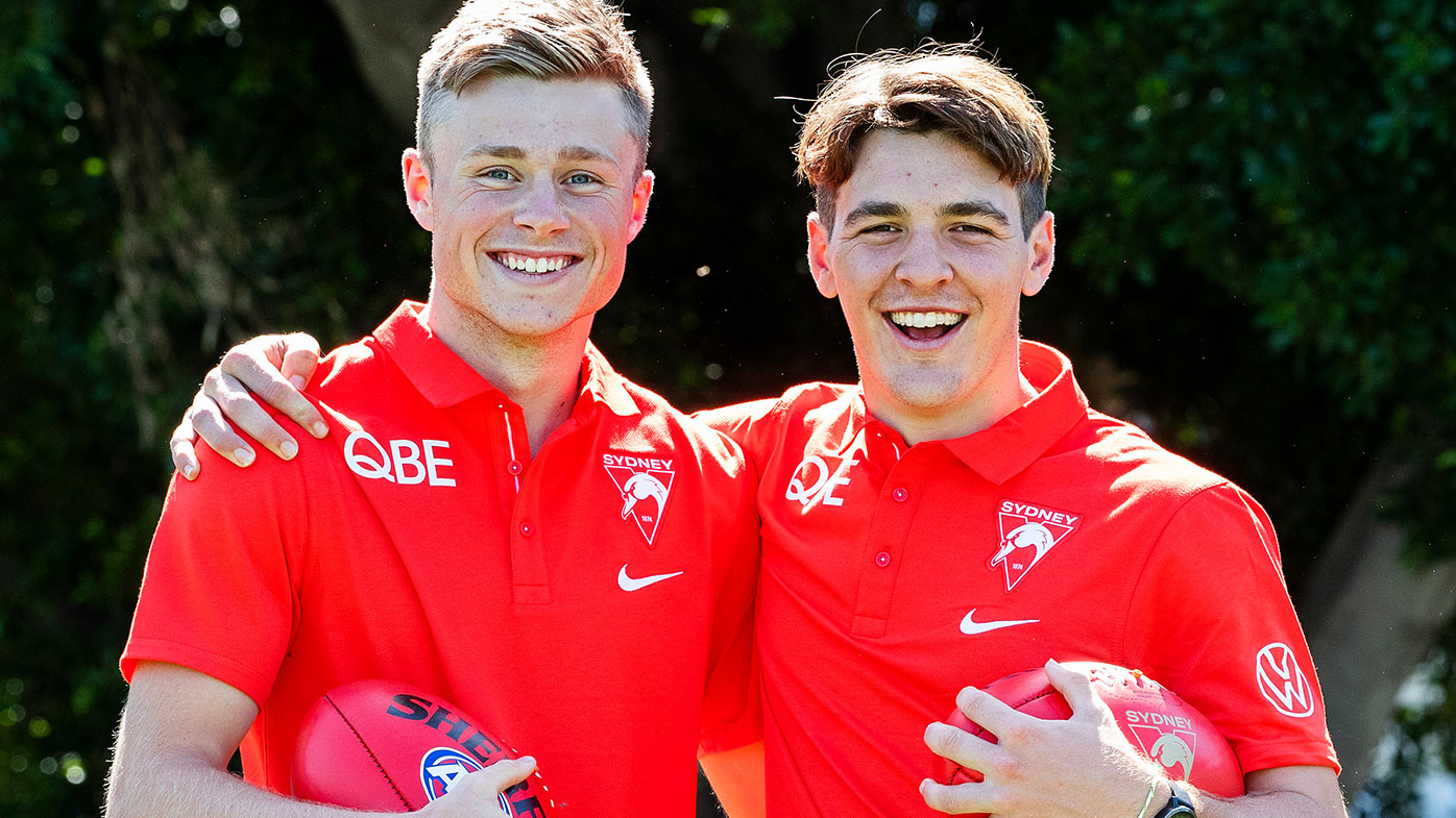 Braeden Campbell (L) of the Swans and Errol Gulden of the Swans pose for a photo during a media opportunity following the 2020 AFL Draft at Lakeside Oval on December 10, 2020 in Sydney, Australia. (Photo by Jenny Evans/Getty Images)