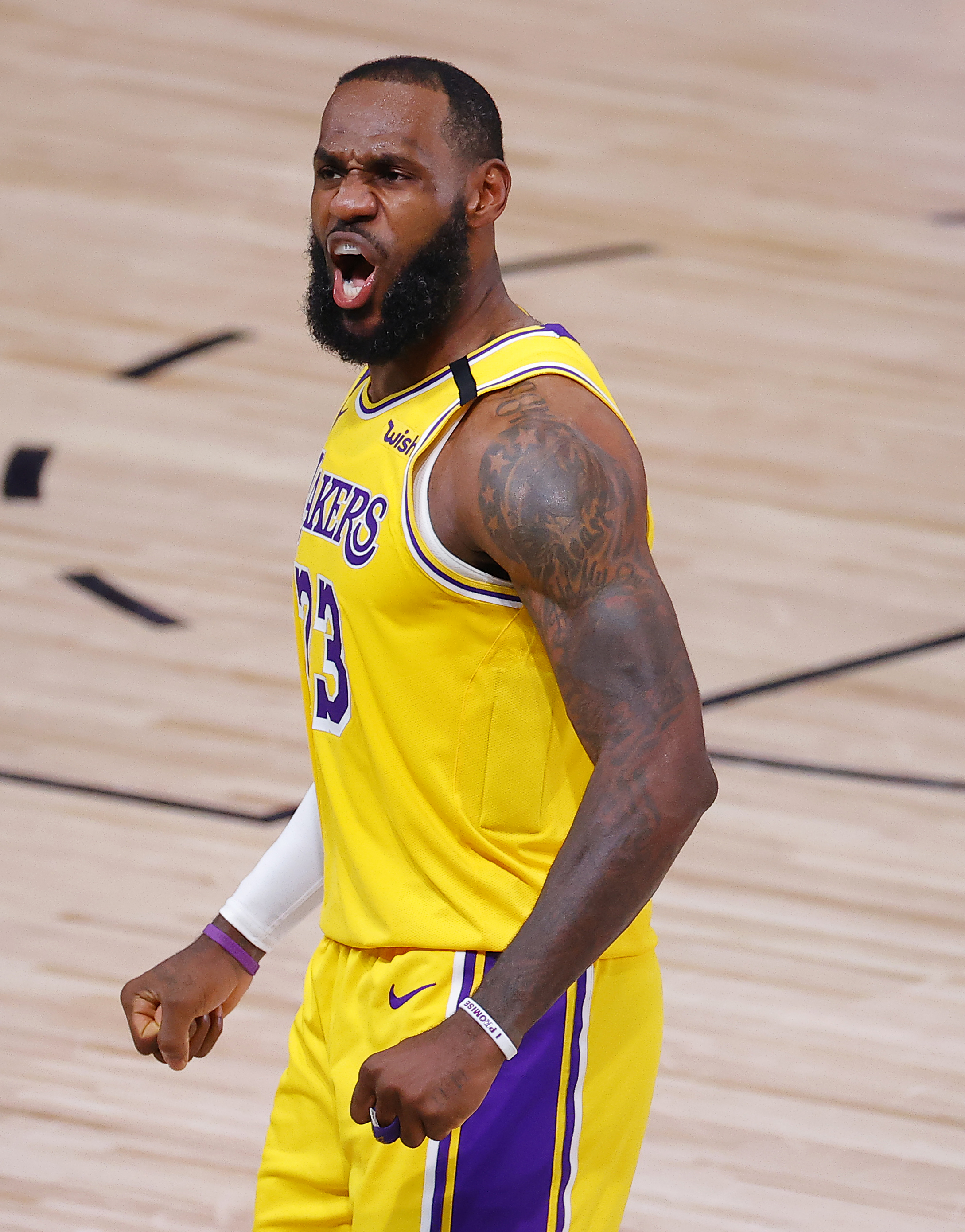 LeBron James of the Los Angeles Lakers reacts after a dunk.