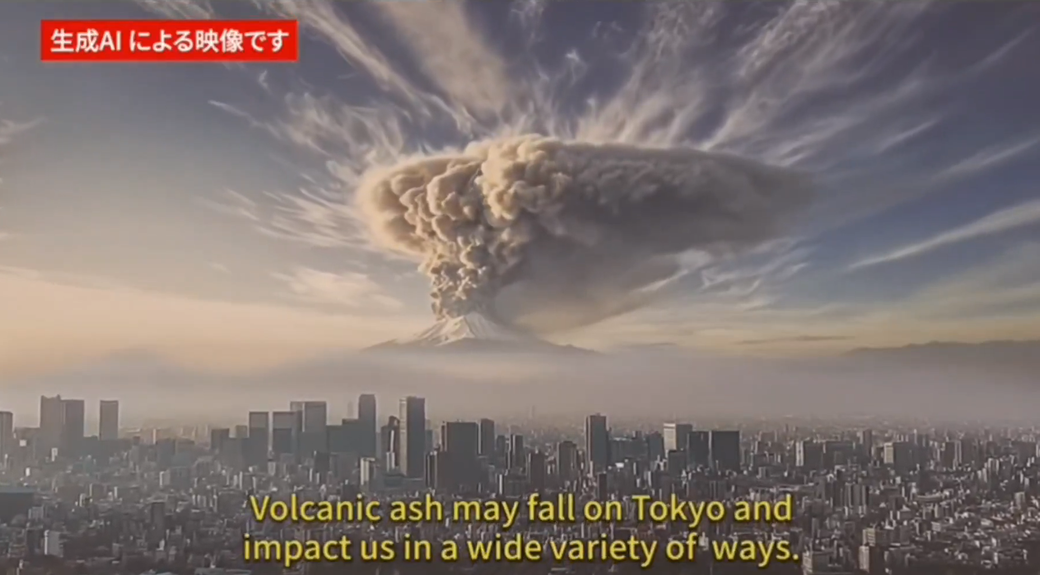 A screenshot of an AI video released by Japan's government, warning of the impacts on Tokyo if Mount Fuji was to erupt.