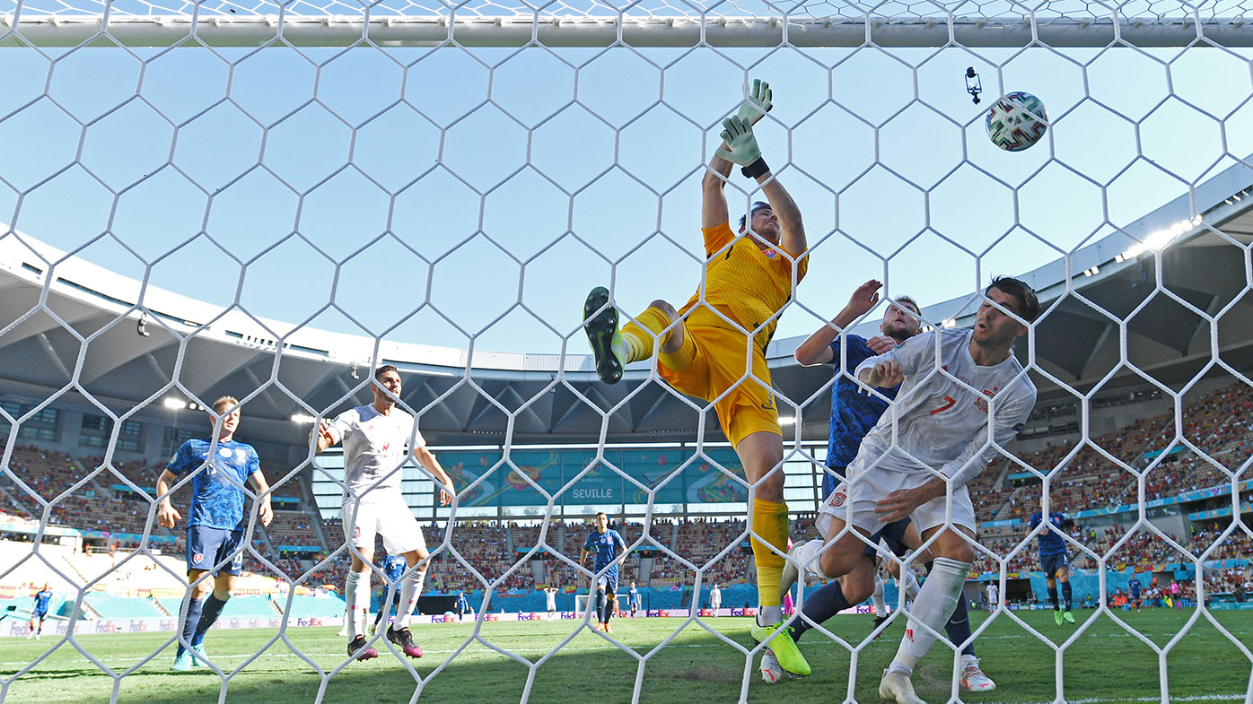 Martin Dubravka of Slovakia scores an own goal during the UEFA Euro 2020 Championship Group E match between Slovakia and Spain.