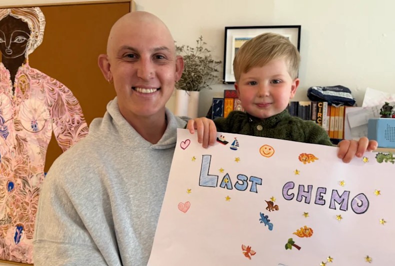 Nic Maddinson and son August celebrating his last chemo appointment. 