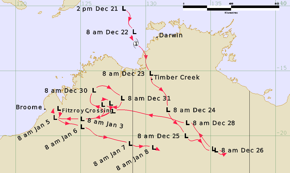 The Bureau of Meteorology tracked the path of ex-tropical cyclone Ellie, from when it formed as a cyclone on December 21, to when it petered out 19 days later.