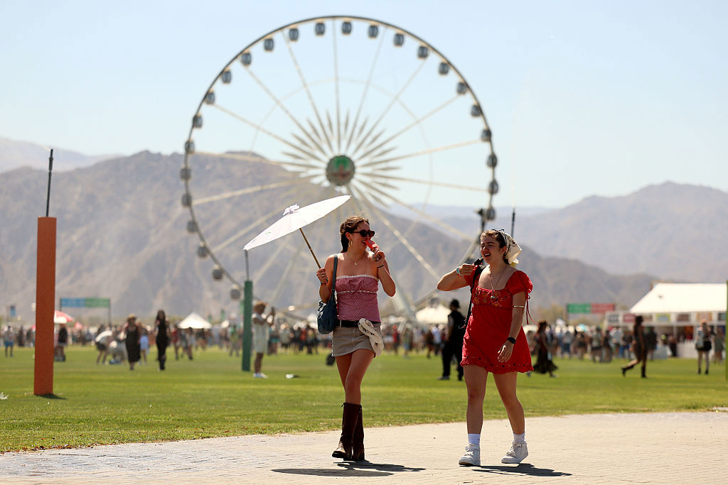 Indio, CA - April 11: Yuna Schirano and Adelaide Groff, of Los Angeles arrive for the first day of the Coachella Valley Music and Arts Festival at the Empire Polo Club in Indio Friday, April 11, 2025. (Allen J. Schaben / Los Angeles Times via Getty Images)
