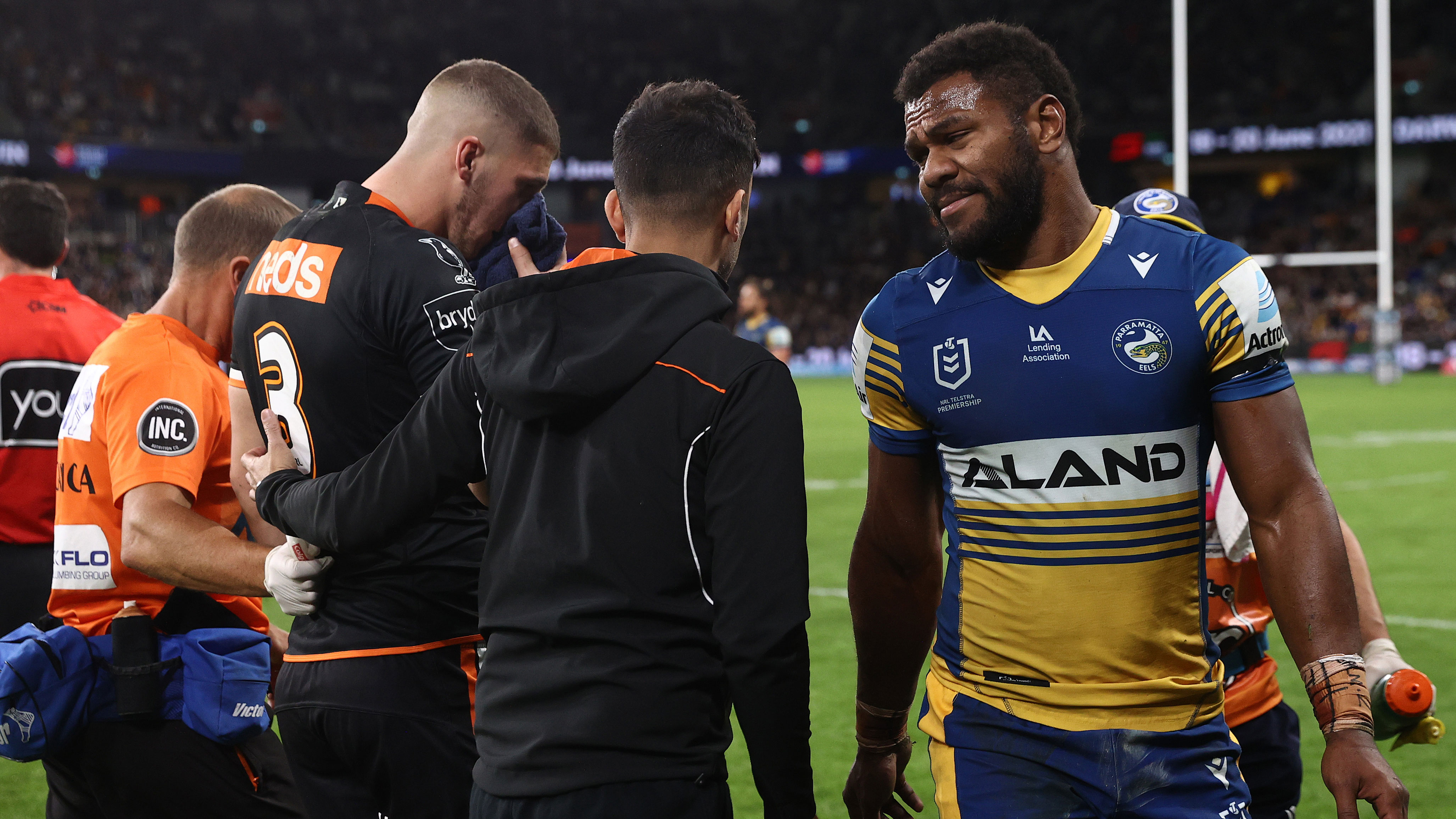 Maika Sivo walks from the field after being sin binned for a high shot on Adam Doueihi.