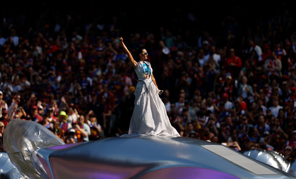 MELBOURNE, AUSTRALIA - SEPTEMBER 28: Katy Perry performs during the 2024 AFL Grand Final match between the Sydney Swans and the Brisbane Lions at The Melbourne Cricket Ground on September 28, 2024 in Melbourne, Australia. (Photo by Michael Willson/AFL Photos via Getty Images)