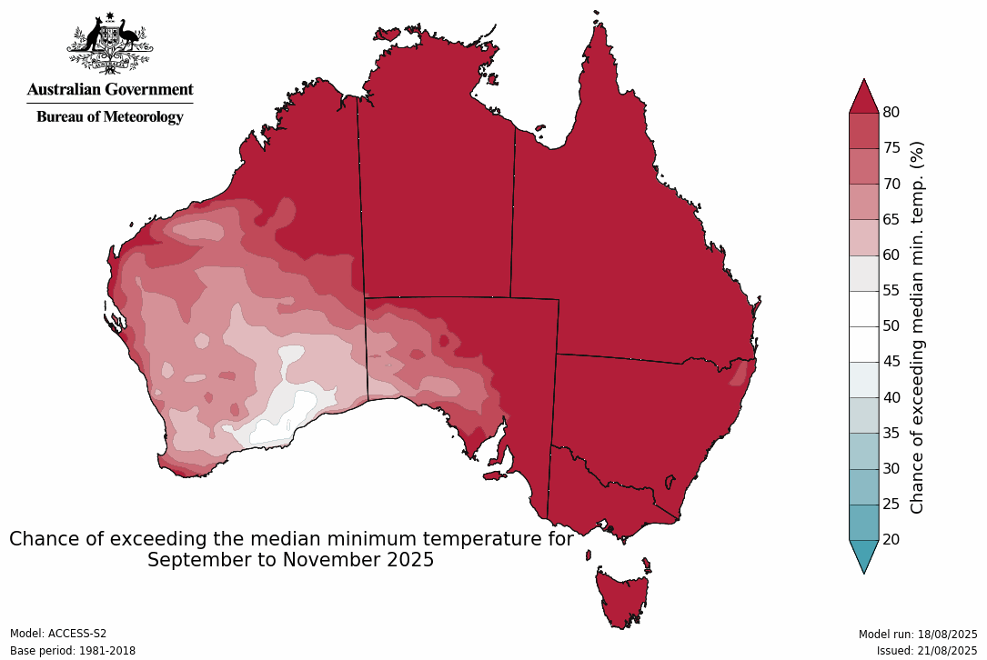A map of Australia showing which parts of the country have a higher chance of experiencing higher than average minimum temperatures in Spring.