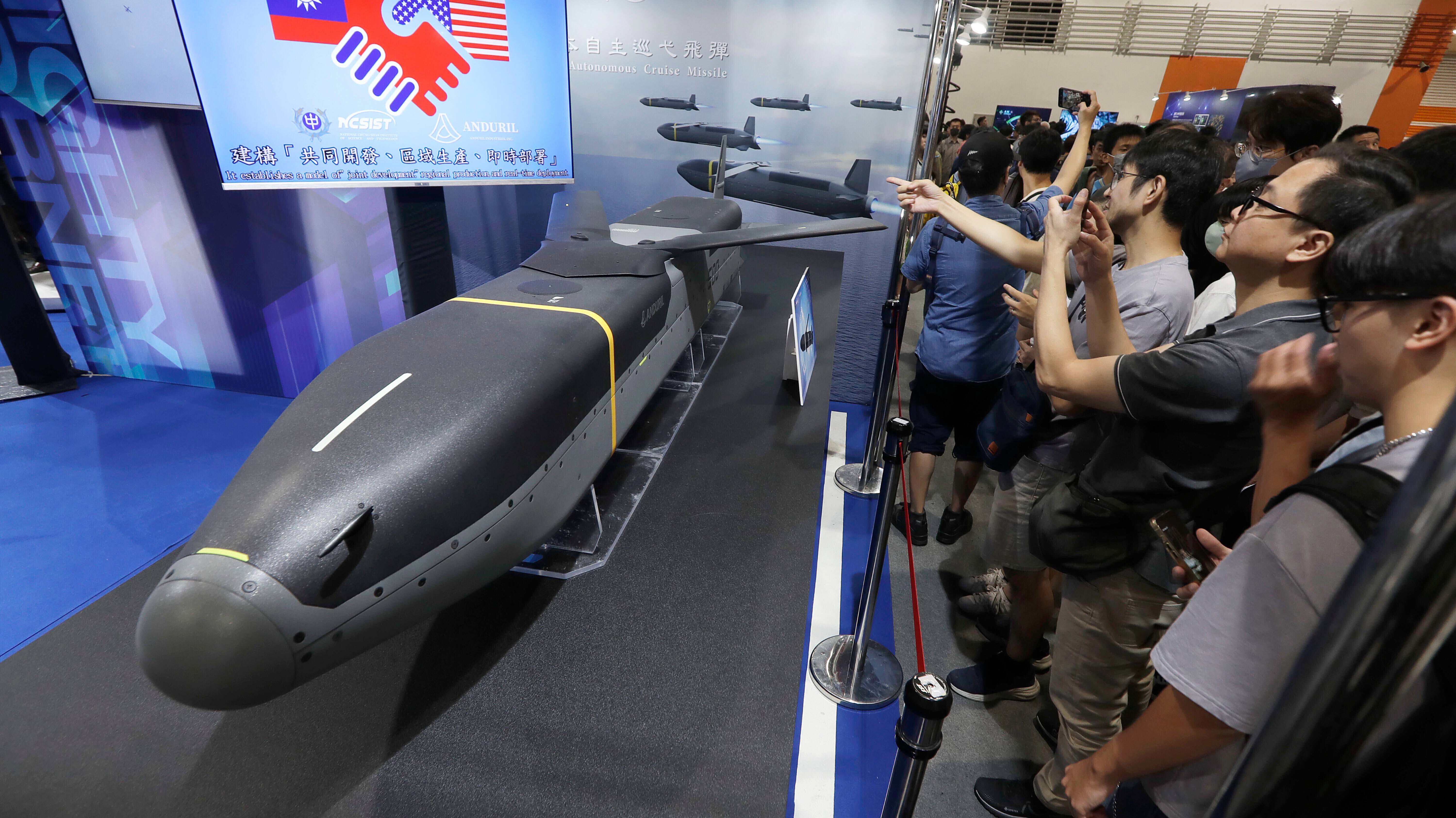 A low-cost autonomous cruise missile Barracuda 500, jointly manufactured by US Anduril and Taiwan''s National Chung-Shan Institute of Science and Technology,during the Taipei Aerospace & Defense Technology Exhibition (TADTE) at Nangang Exhibition Center in Taipei.