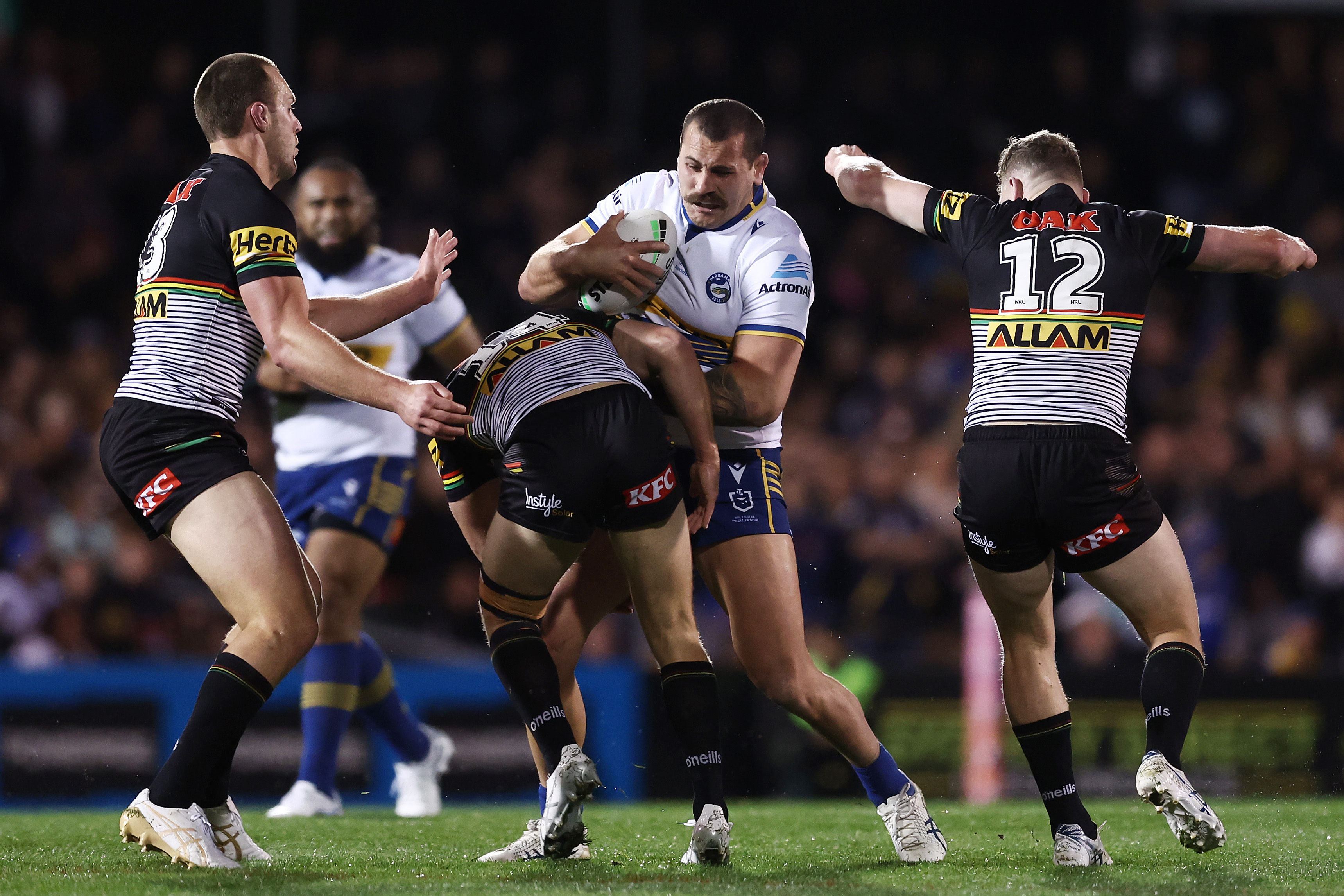 Reagan Campbell-Gillard is tackled during the NRL Qualifying Final match between the Penrith Panthers and the Parramatta Eels at BlueBet Stadium on September 09, 2022 in Penrith, Australia. (Photo by Matt King/Getty Images)