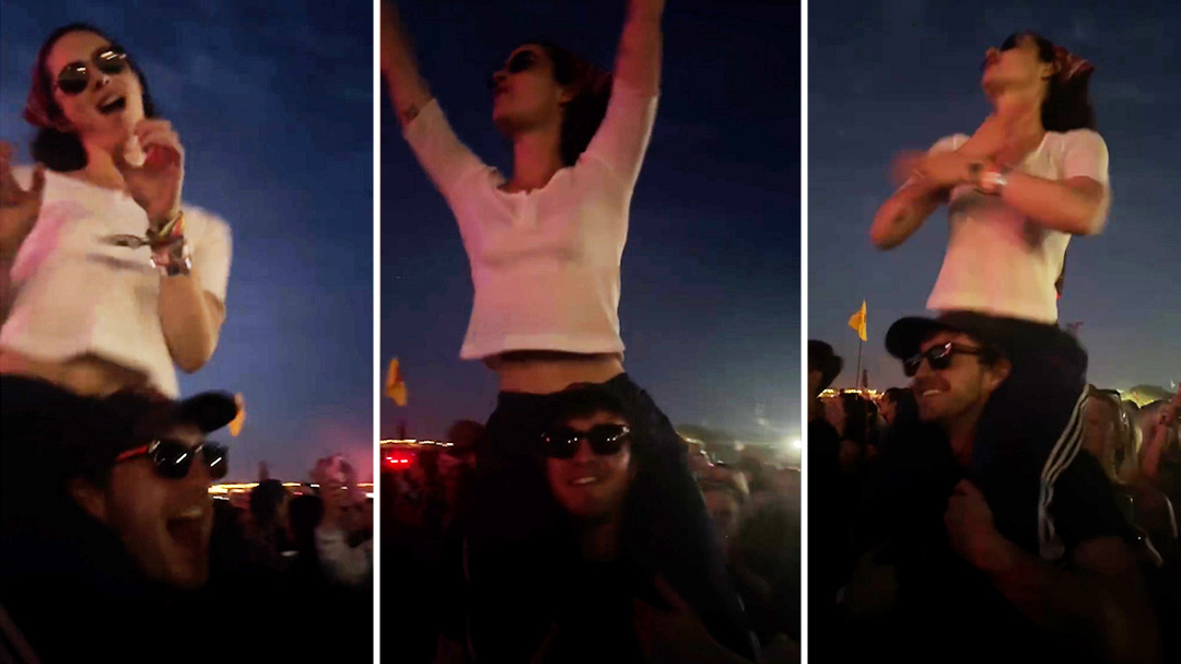 Gracie Abrams on Paul Mescal's shoulders at Glastonbury 2025