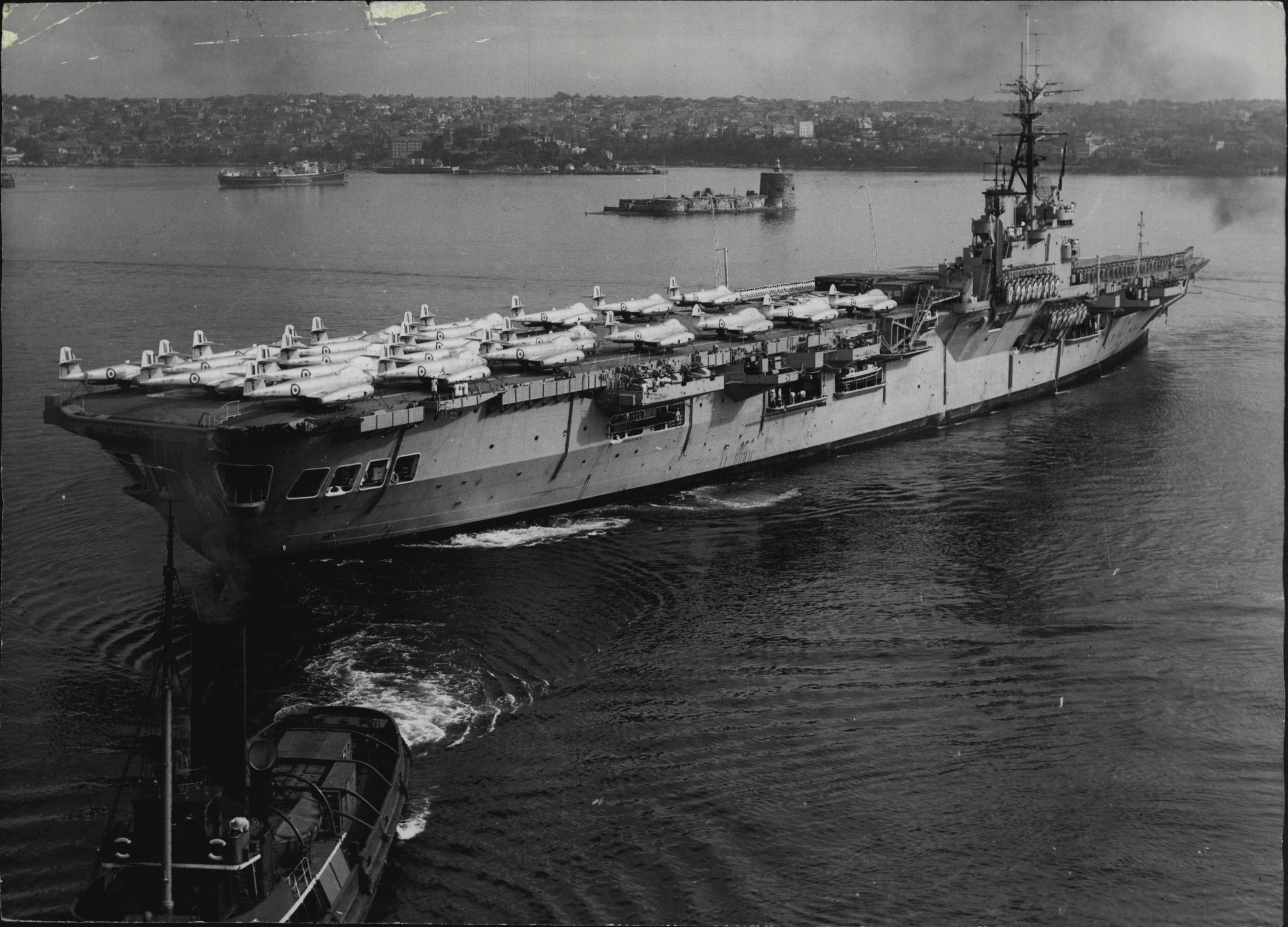 The aircraft carrier HMAS Vengeance. (Photo by Gordon Herbert Short/Fairfax Media).