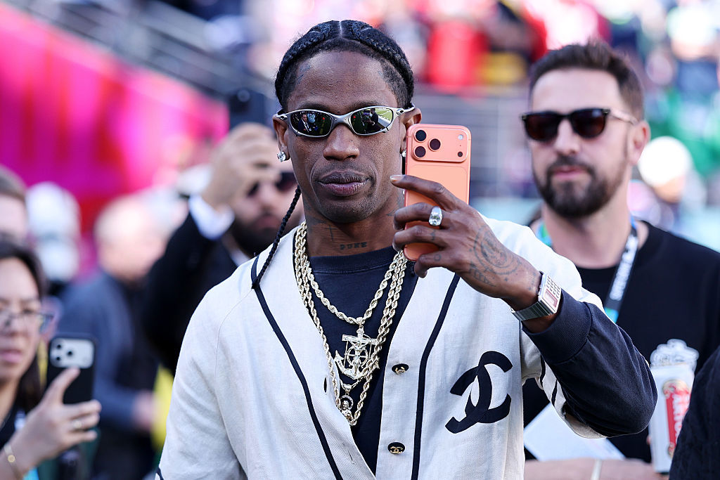 Travis Scott is seen on the sidelines prior to the start of Super Bowl LX between the Seattle Seahawks and the New England Patriots at Levi's Stadium on February 08, 2026 in Santa Clara, California. 