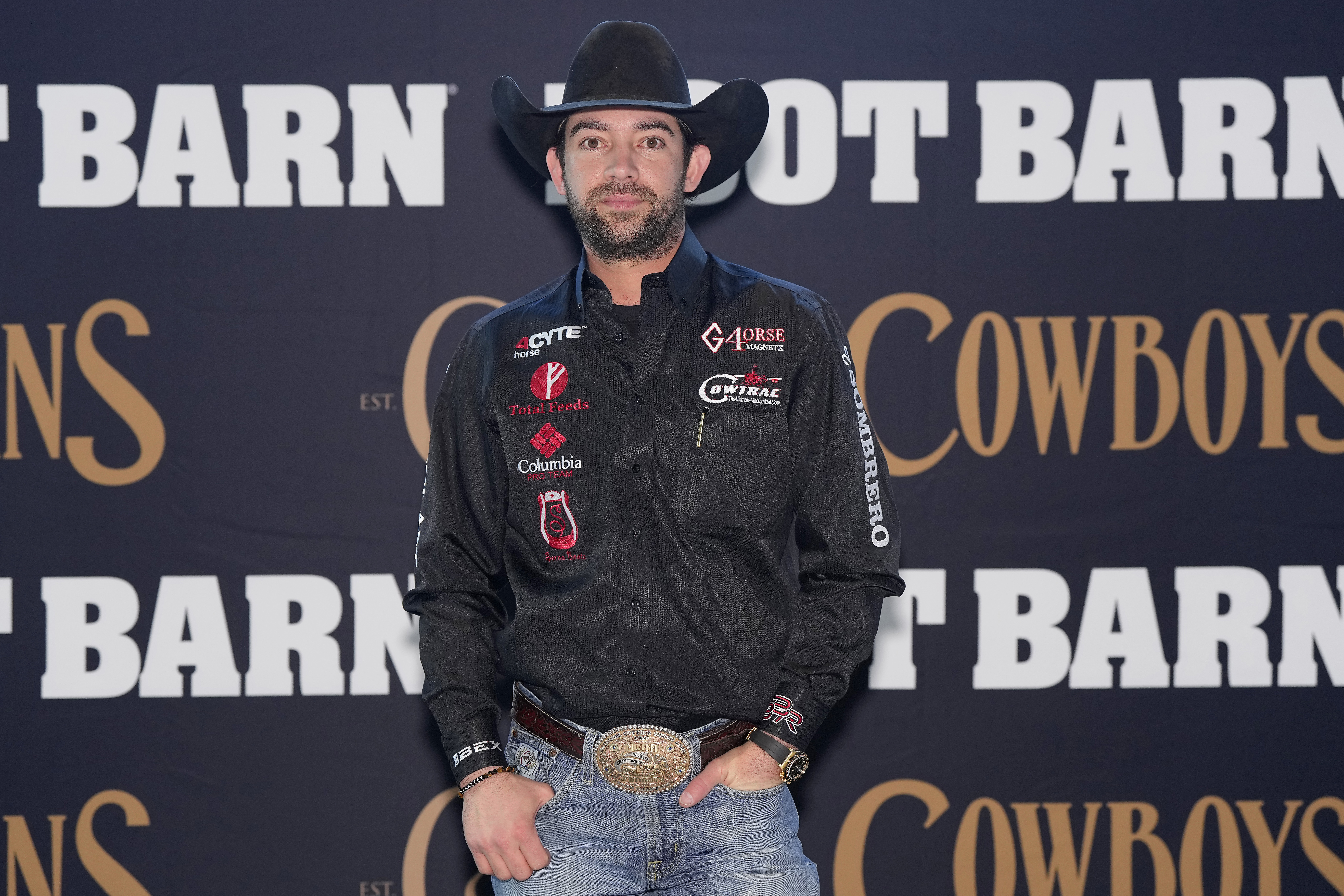 ARLINGTON, TEXAS - MARCH 09: Adan Banuelos arrives at the Cowboys & Indians Magazine X Boot Barn Grit & Glamour VIP Denim Carpet Party poses for a photo opportunity during The American Rodeo by Teton Ridge at Globe Life Field on March 09, 2024 in Arlington, Texas. (Photo by Sam Hodde/Getty Images for Teton Ridge)