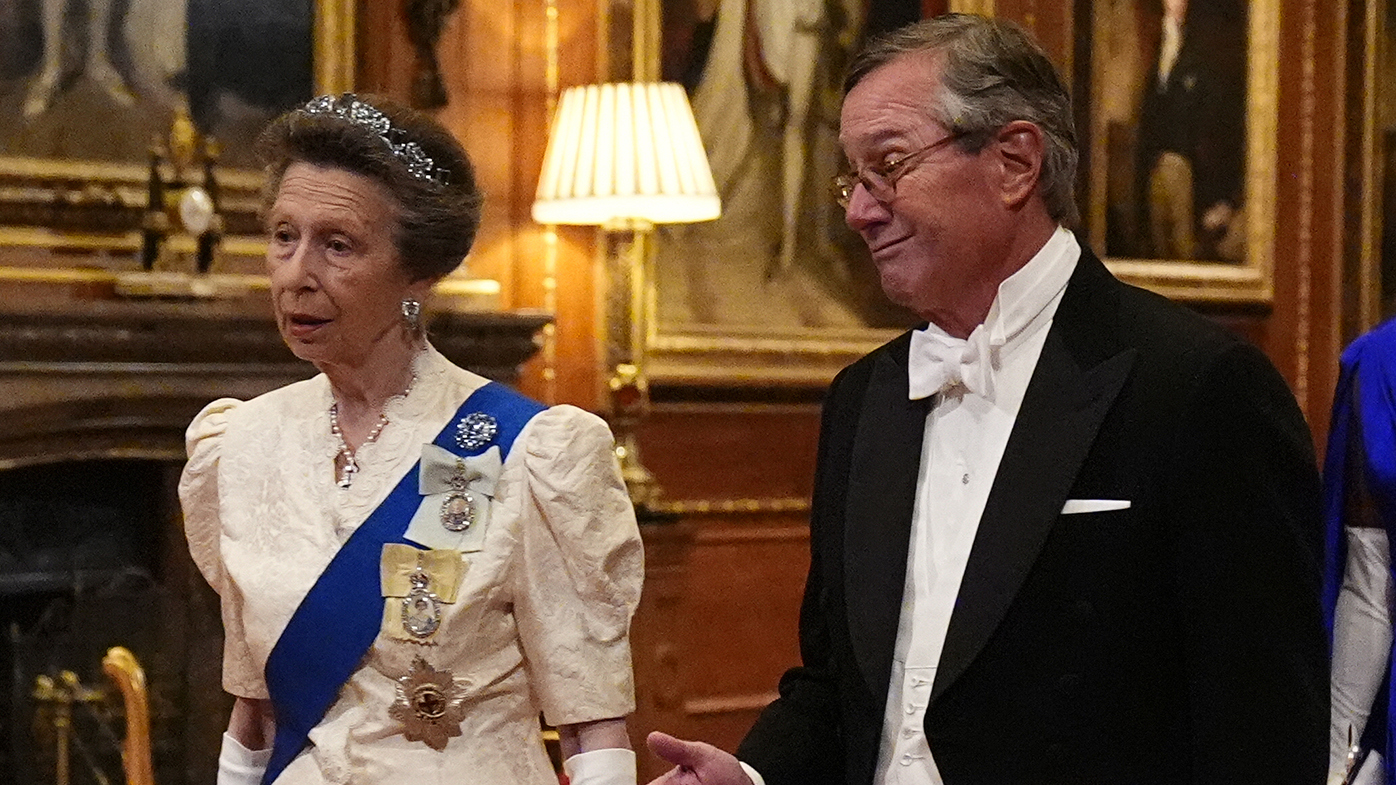 The Princess Royal walks with US Ambassador to the UK, Warren Stephen, followed by Vice Admiral Sir Tim Laurence and Dame Vivian Hunt, at the state banquet at Windsor Castle, Berkshire, on day one of US President Donald Trump's second state visit to the UK with his wife, First Lady Melania Trump on September 17, 2025 in Windsor, England. 