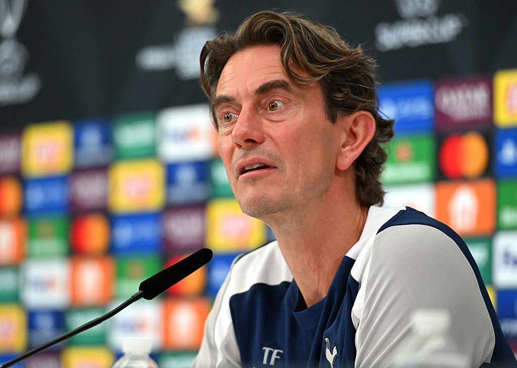 Thomas Frank speaks to the media during a Tottenham Hotspur press conference.