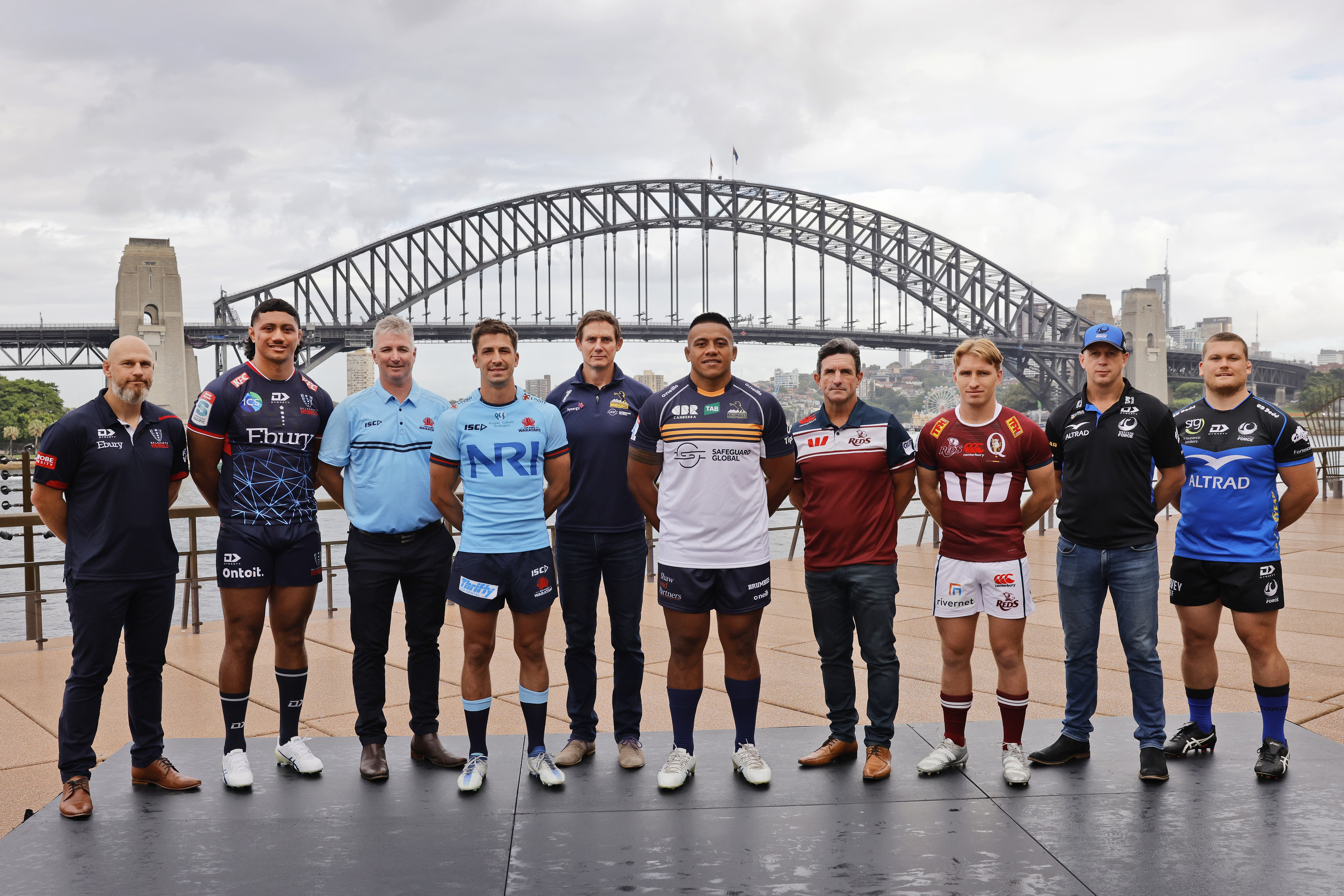 Captains and coaches at Australia's 2023 Super Rugby Pacific season launch.