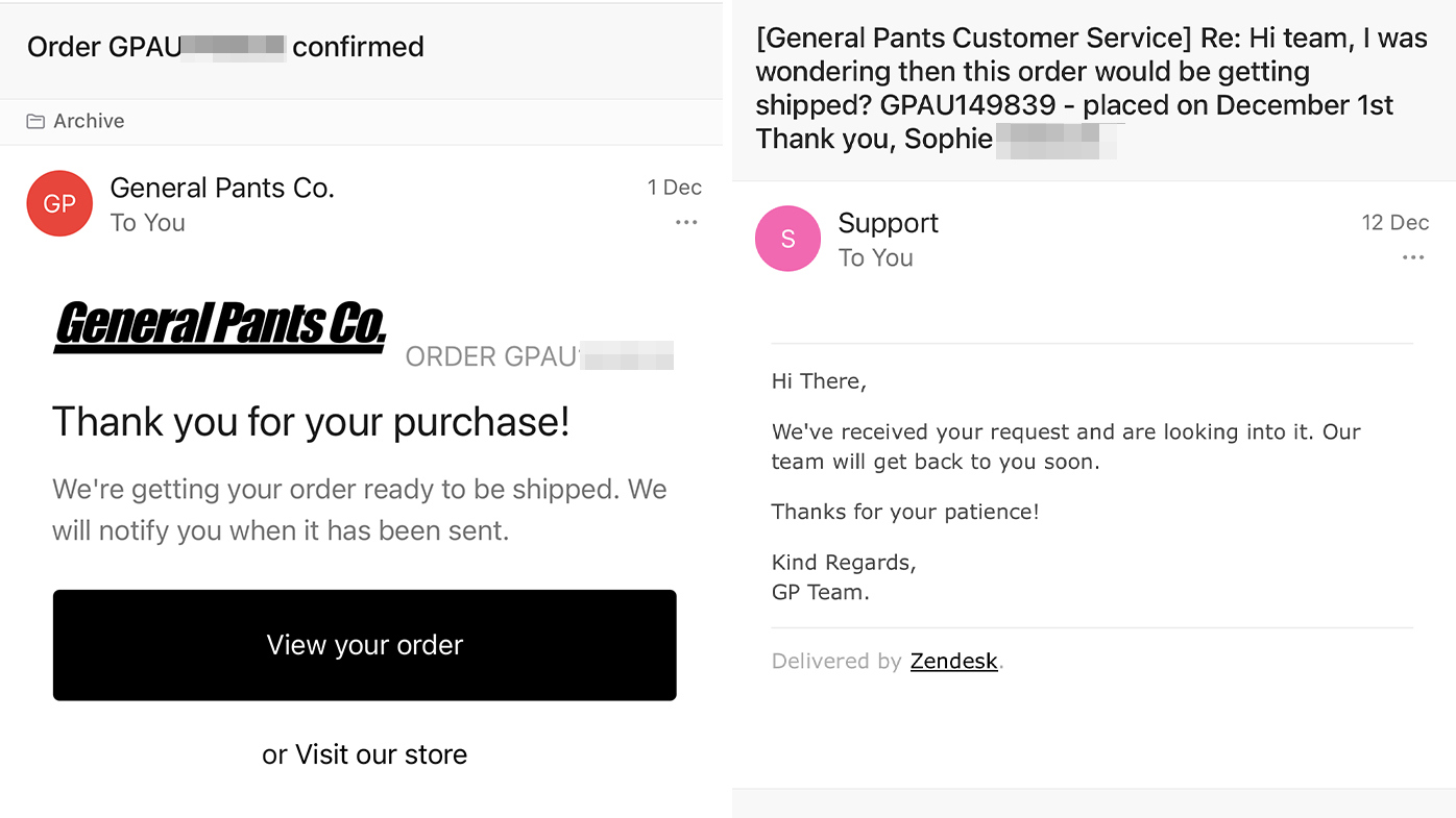 Sophie placed her order on December 1 and received a confirmation email. She reached out on December 12 when it hadn't been shipped but only got a generic reply.