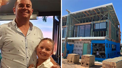Clint Calman with his daughter Charli, and the townhouse he will move into when it is completed in six weeks' time.