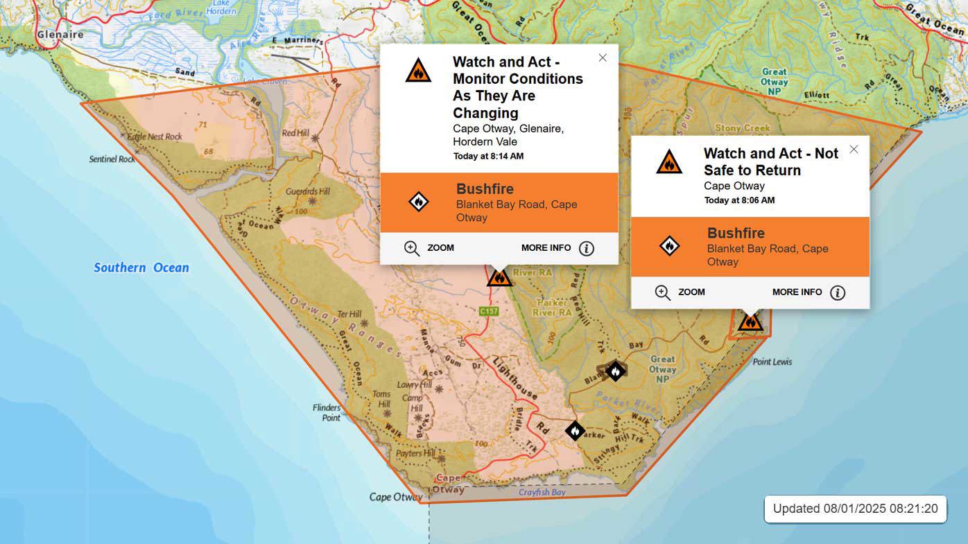 An emergency warning has been issued for a fire at Cape Otway.