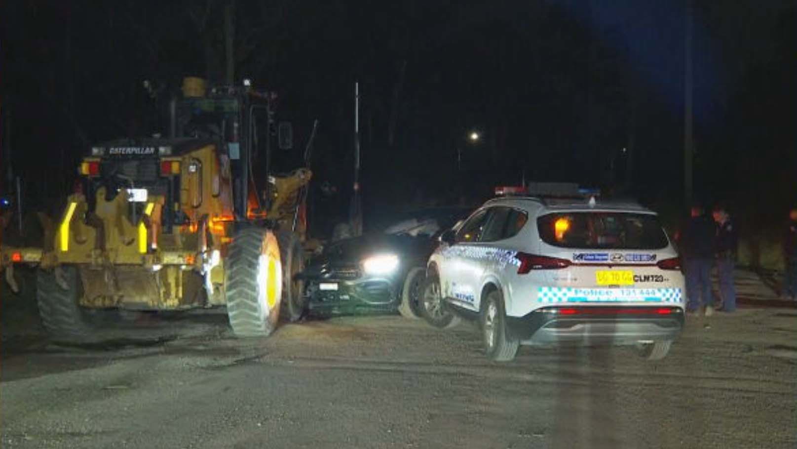 Five men as young as 16 have been arrested after allegedly breaking into a home in Sydney's west and sparking a chase in a stolen car which saw a police car struck.They allegedly forced their way into the house in Adah Street, Guildford with police called just after midnight today.