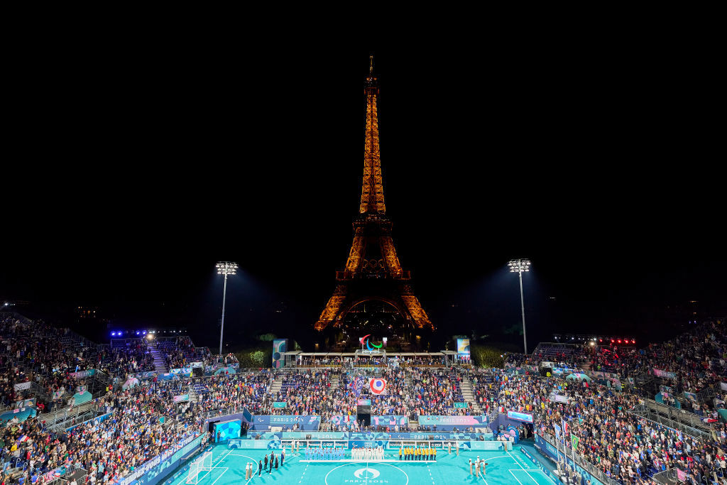 The medal ceremony for the blind football at Eiffel Tower Stadium.