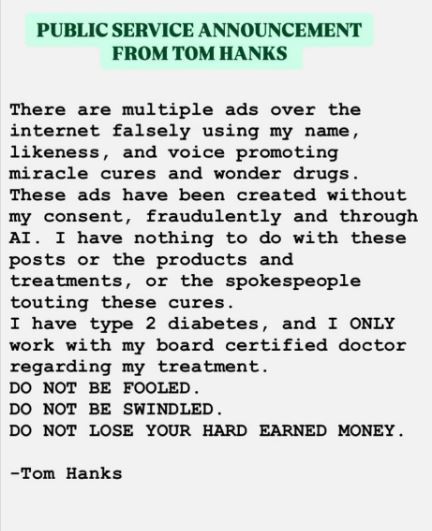 Tom Hanks warning about AI deep fakes 2024