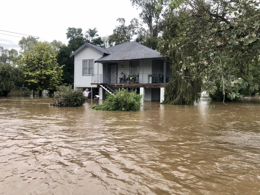 Home of Ernie and Sandra surrounded by floodwater in Scone. 