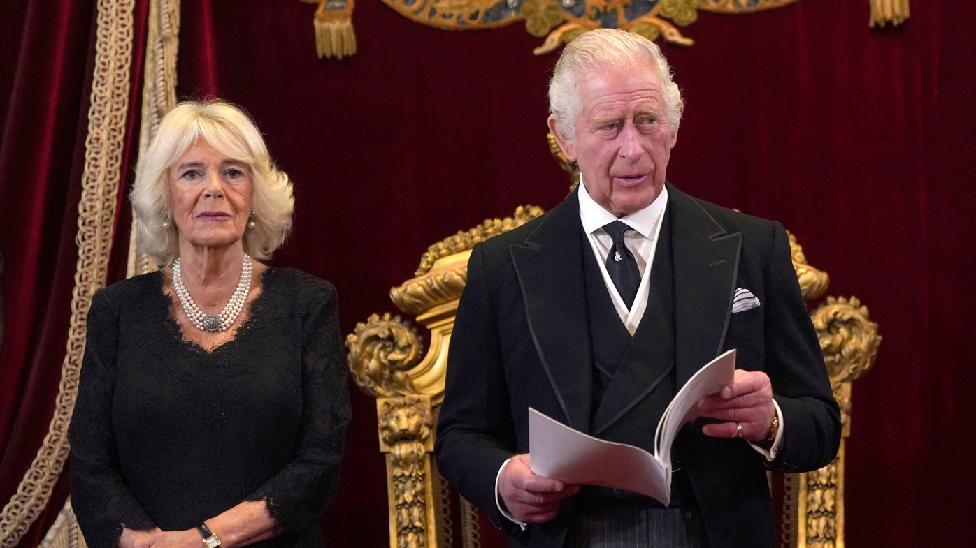King Charles III and Camilla, Queen Consort, during his proclamation