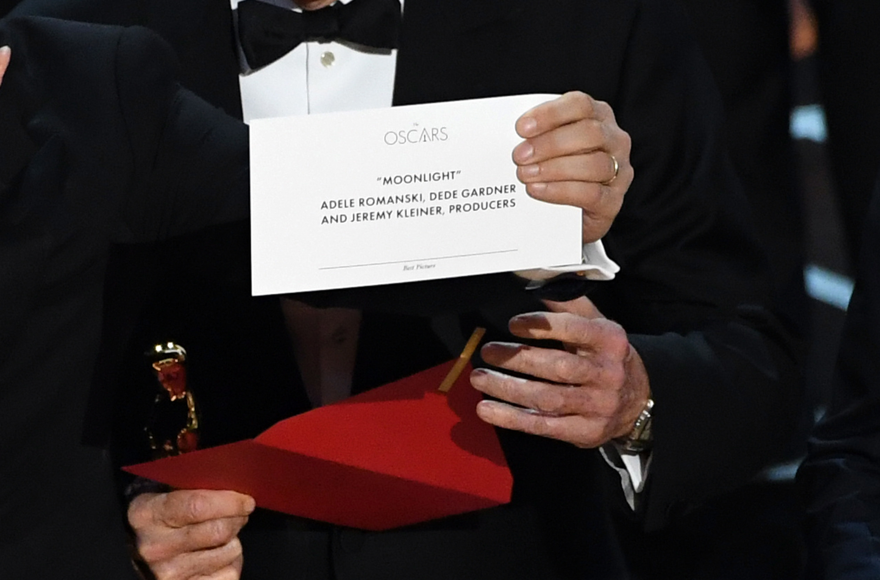  'La La Land' producer Jordan Horowitz holds up the winner card reading actual Best Picture winner 'Moonlight' onstage during the 89th Annual Academy Awards at Hollywood & Highland Center on February 26, 2017 in Hollywood, California. 