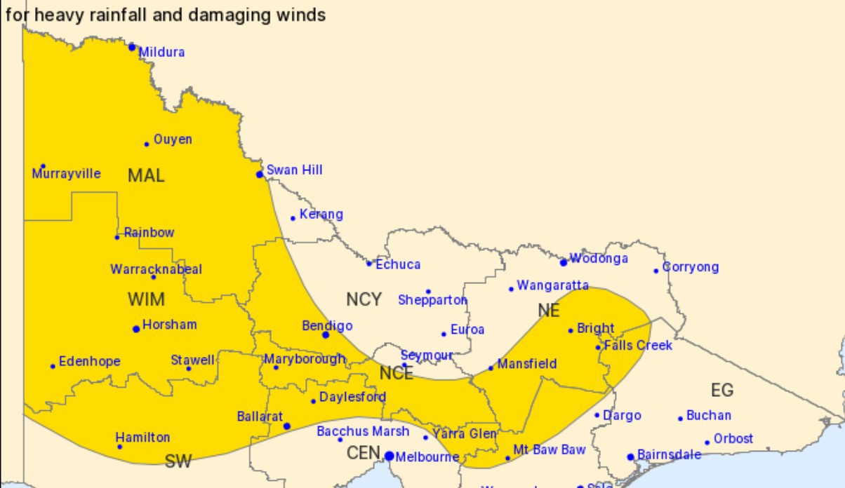 ﻿Parts of Victoria have been issued a Severe Weather warning, with heavy rainfall, flooding and damaging winds expected 