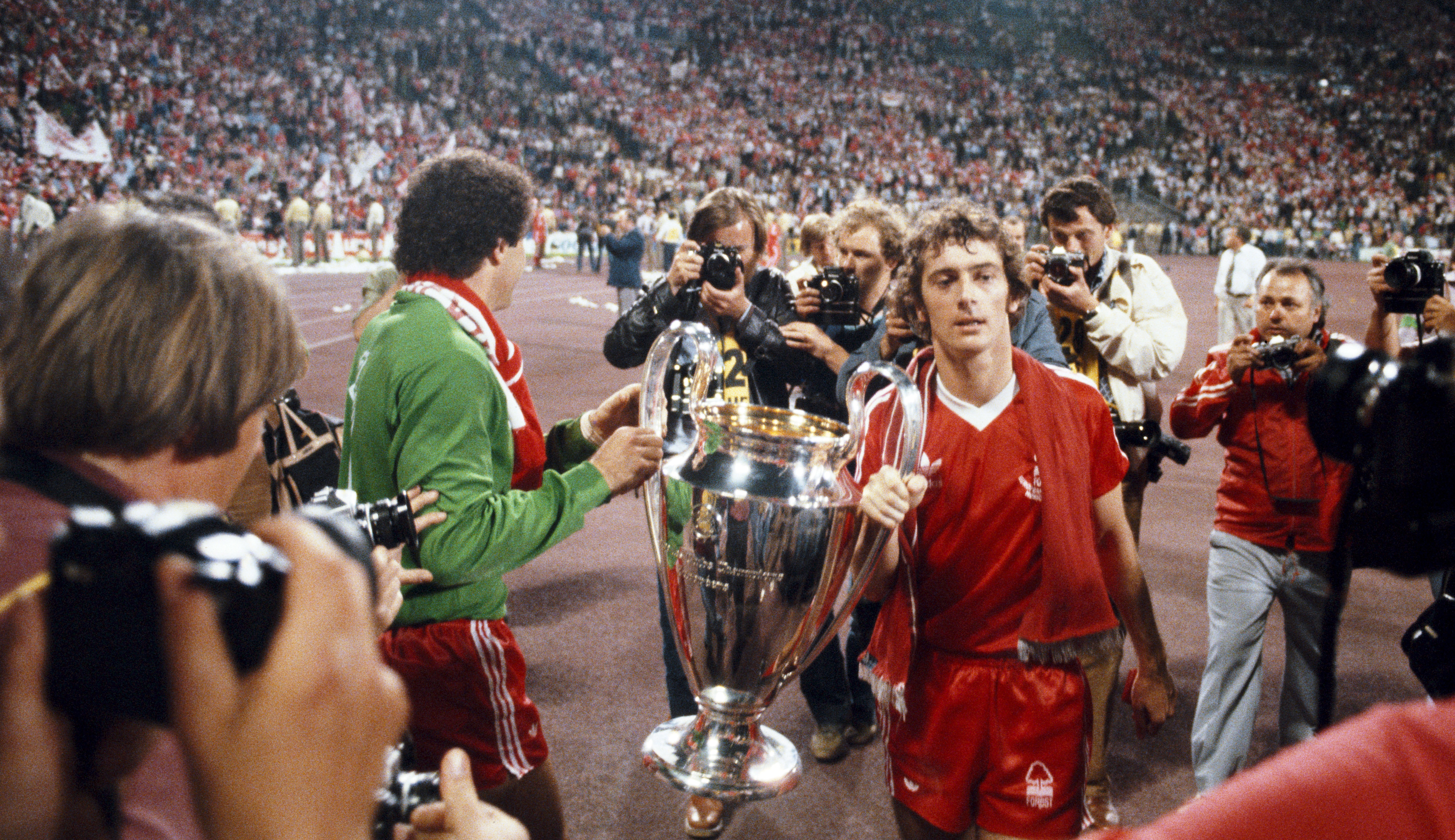 Trevor Francis (right) and goalkeeper Peter Shilton parade the trophy after the 1979 European Cup final between Nottingham Forest and Malmo.