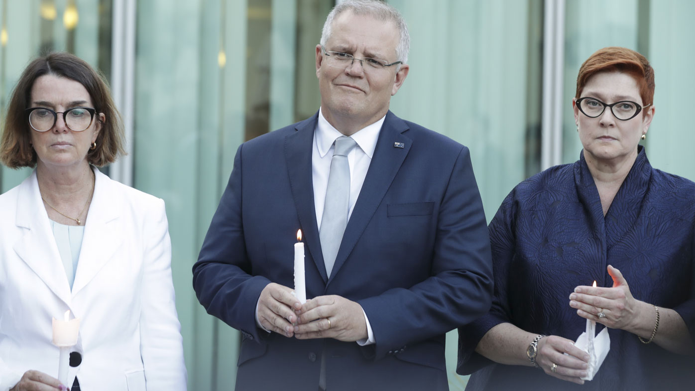 Anne Ruston, Prime Minister Scott Morrison and Marise Payne during a vigil for Hannah Clarke and her children at Parliament House in Canberra on Wednesday 26 February 2020