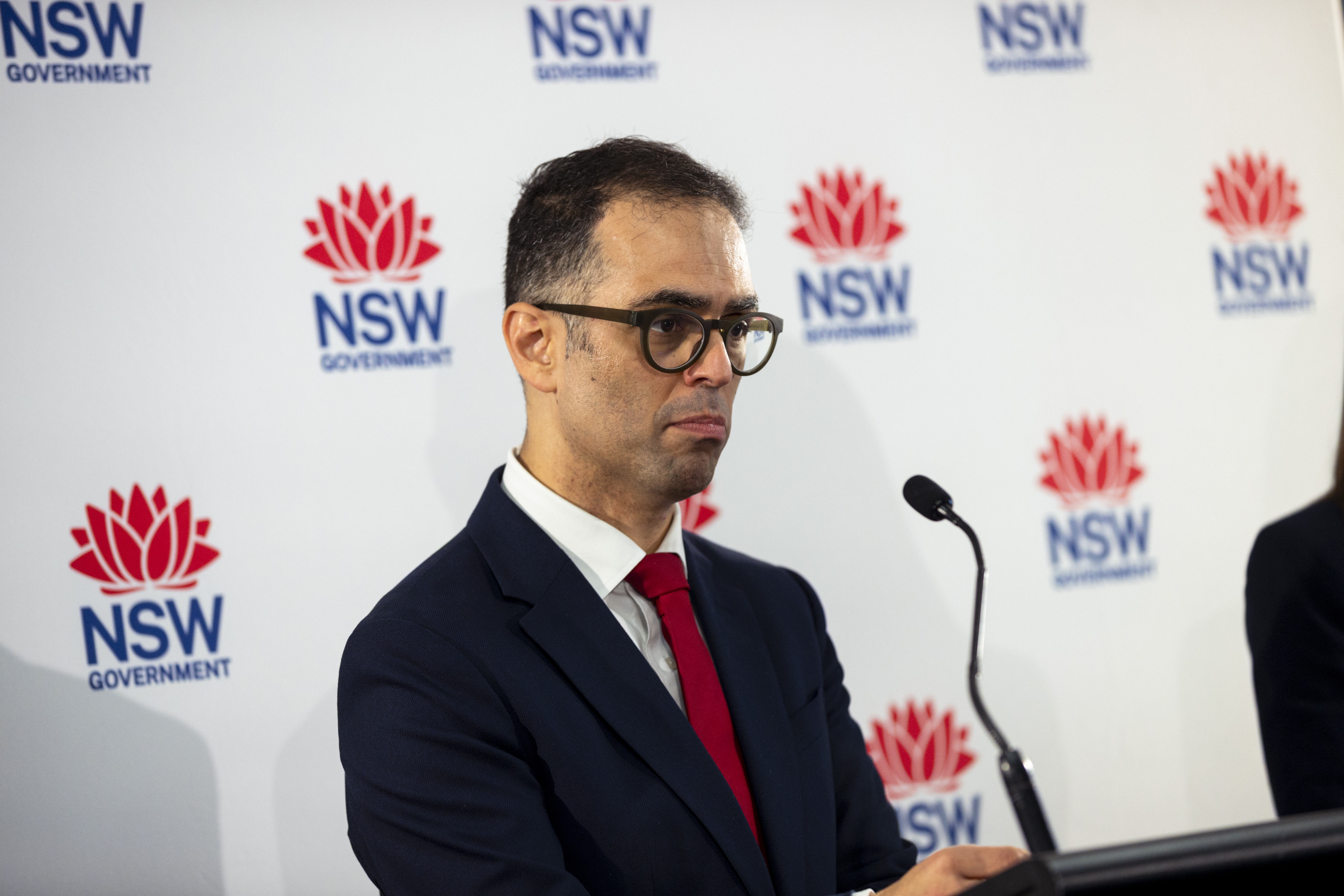 Treasurer of NSW Daniel Mookhey and Finance Minister of NSW Courtney Houssos during a press conference at the 2025-2026 NSW Budget lock up held at Martin Place, Sydney on June 24, 2025. Photo: Dominic Lorrimer
