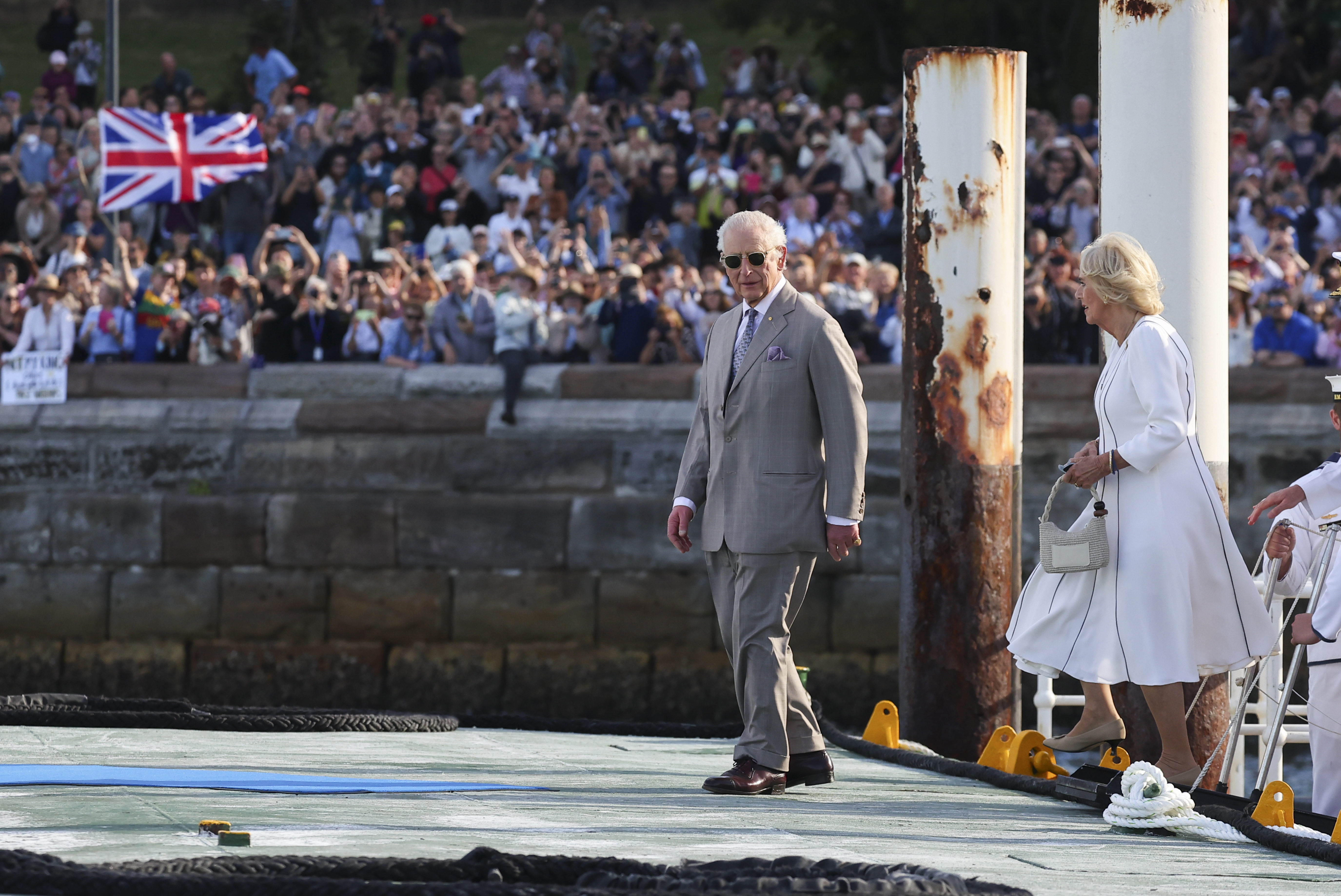 King Charles III and Queen Camilla board an Australian naval boat called the Admiral Hudson to conduct an Australian Navy fleet review in Sydney Harbour on October 22, 2024 in Sydney, Australia.