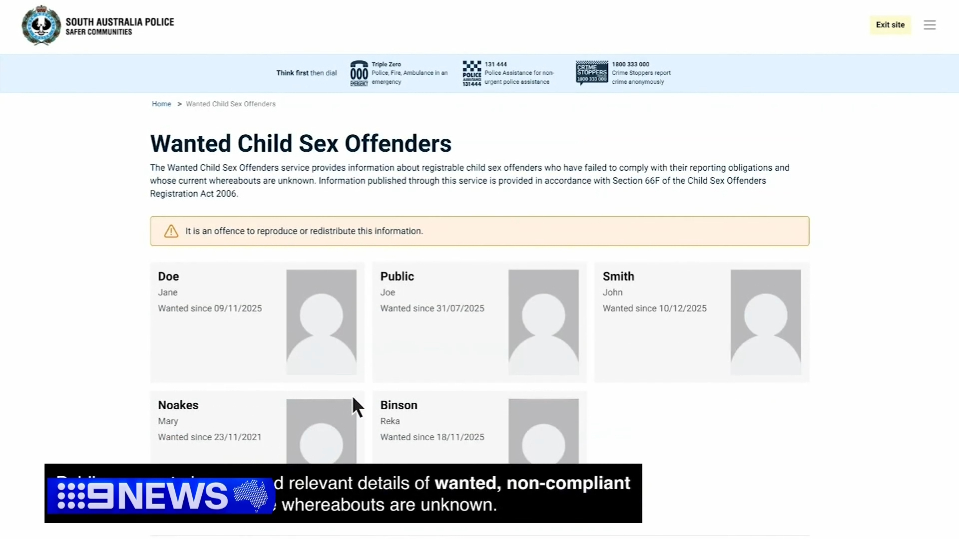 SA public child sex offenders registry