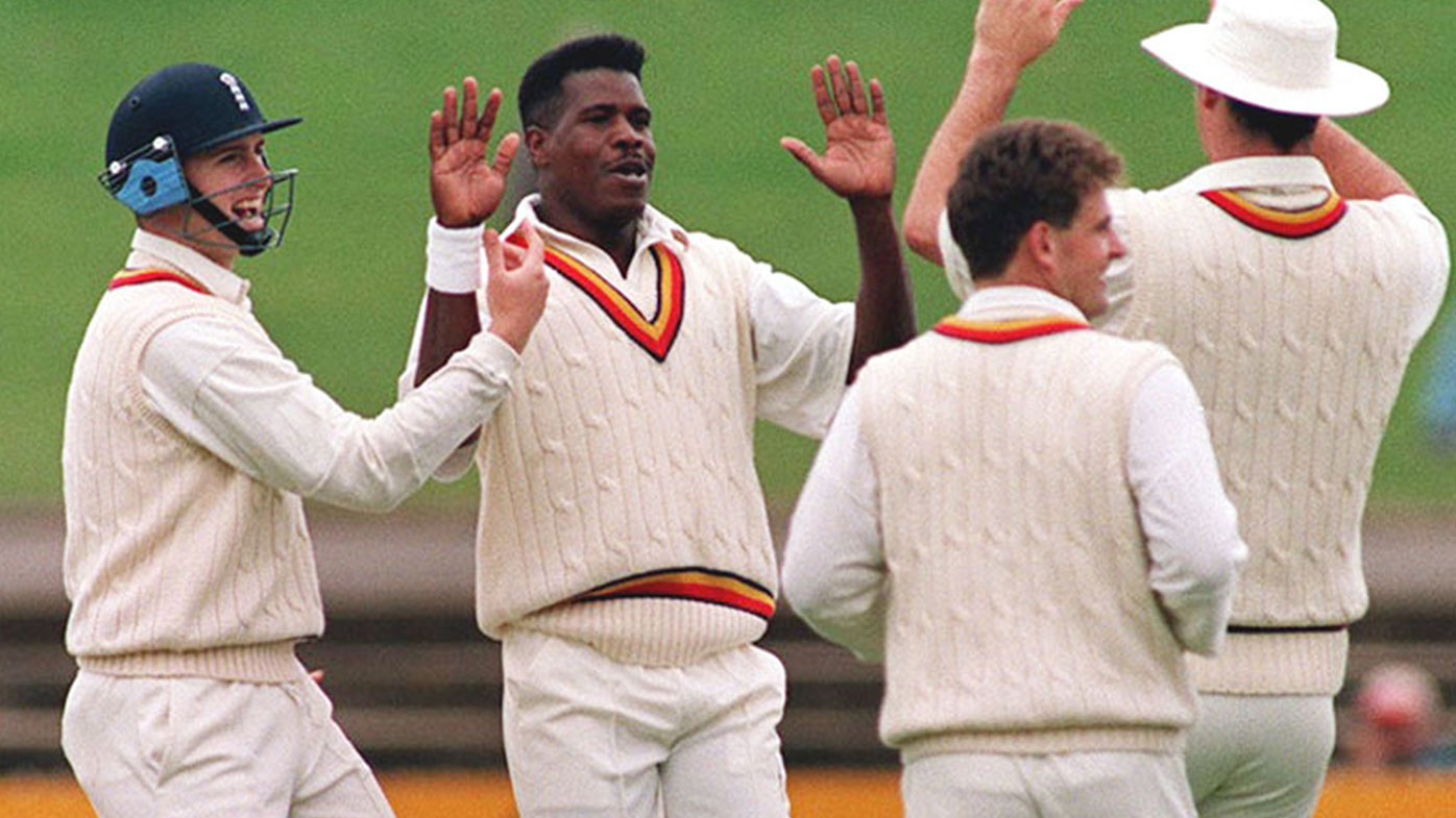 Joey Benjamin (centre) celebrates a wicket at Adelaide Oval during the 1994-95 Ashes tour.