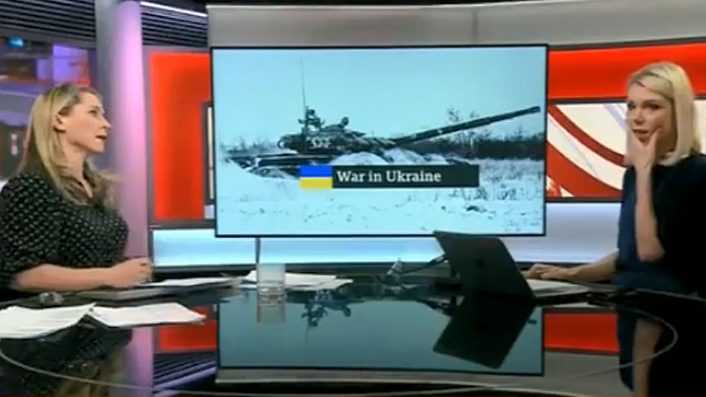 BBC reporter Olga Malchevska (right) and anchor Karin Giannone (left) in a UK studio